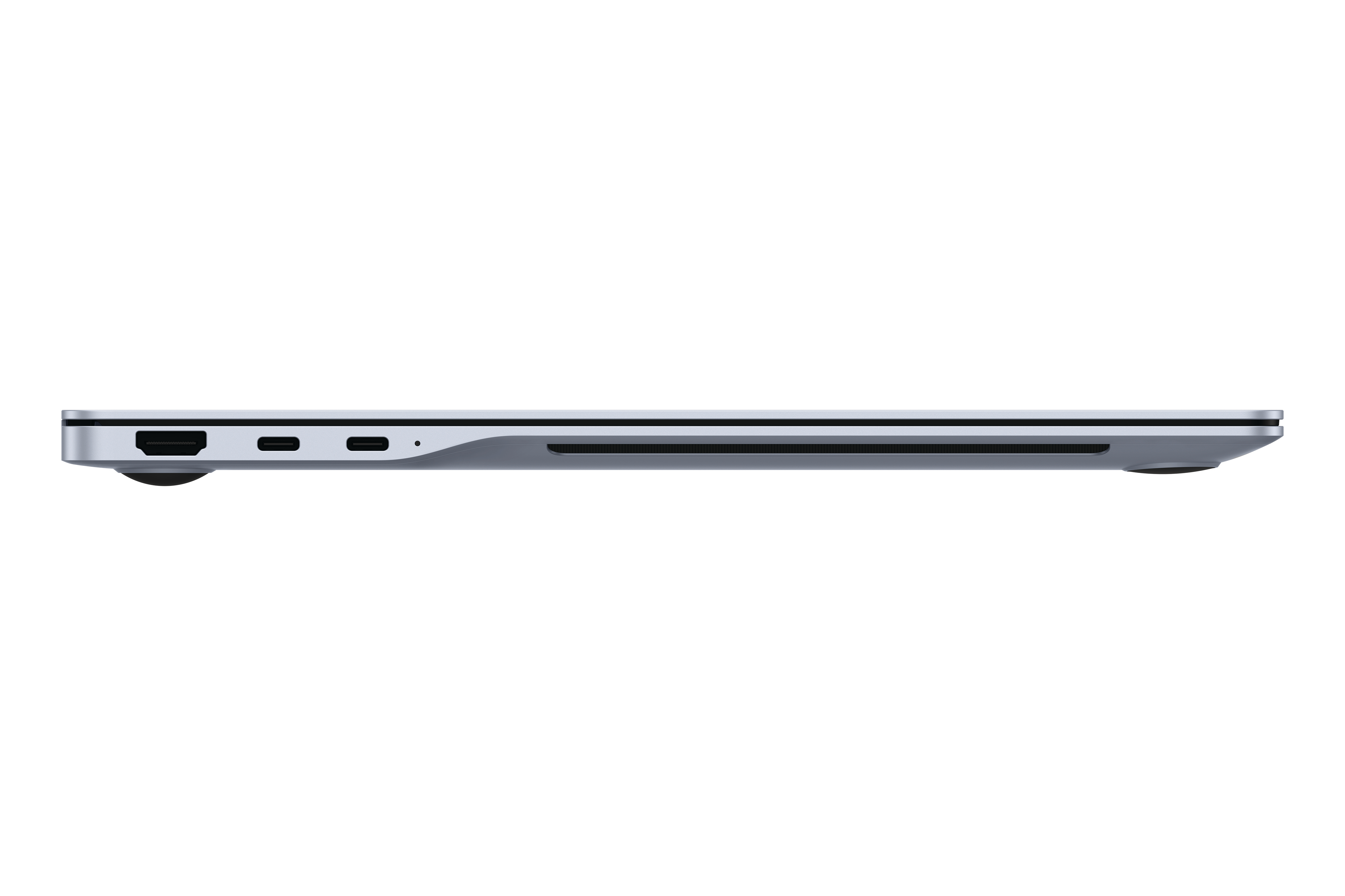 Seitenansicht eines silbernen Laptops. Der Laptop ist geschlossen und zeigt ein dünnes Profil.