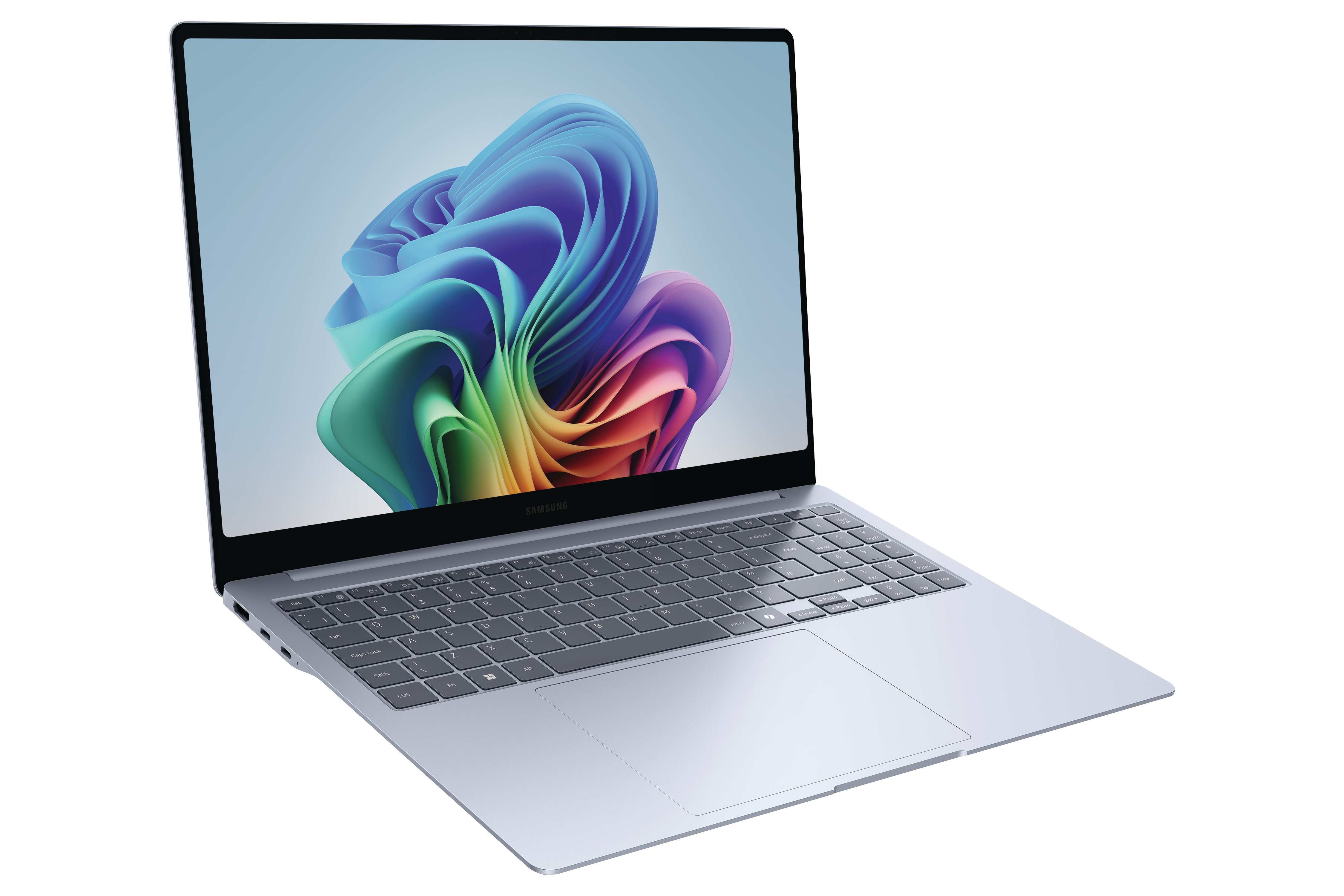 Silberner Laptop, offen, schräge Ansicht. Bildschirm zeigt farbenfrohes, abstraktes Bild.