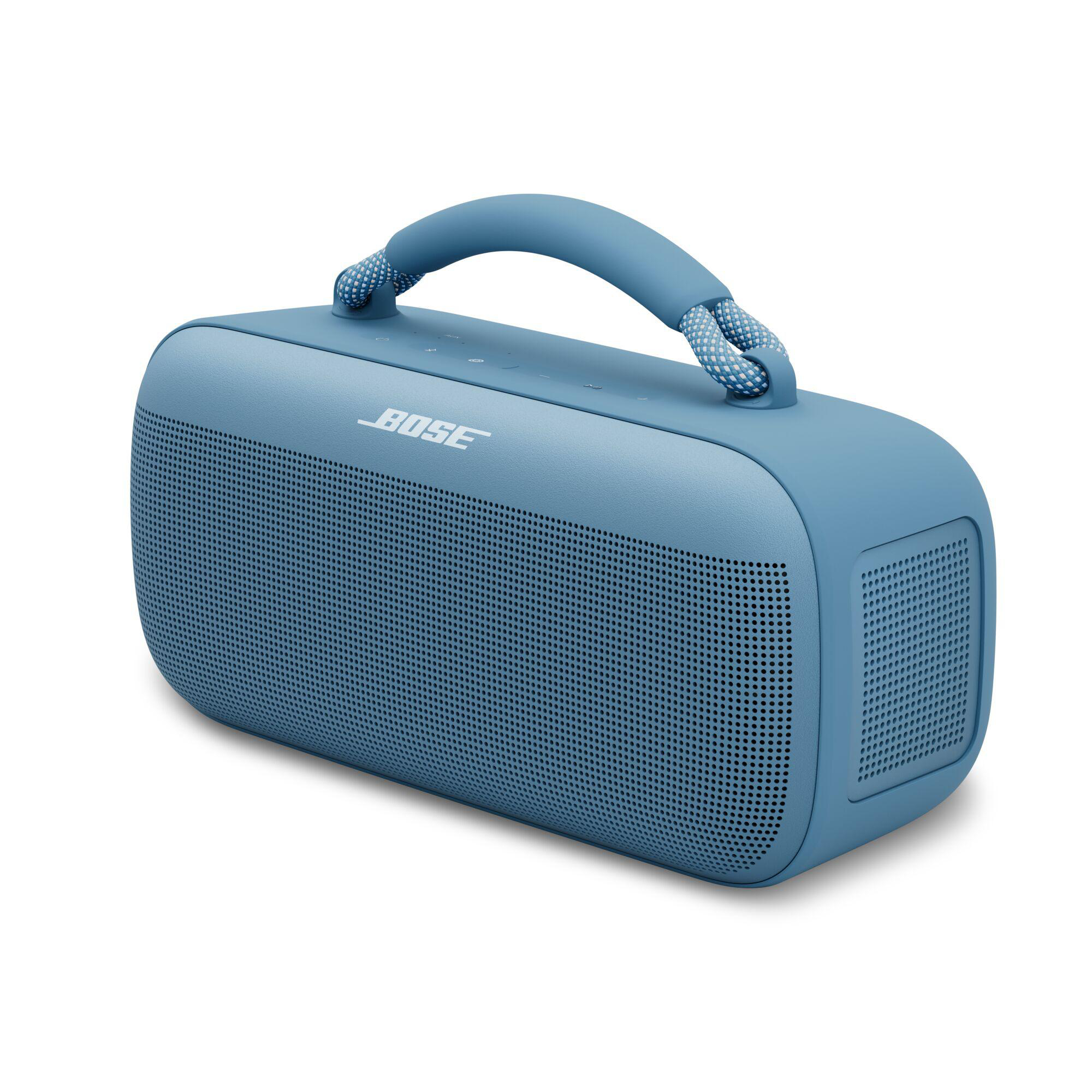 Ein blauer tragbarer Lautsprecher mit Griff und Bose-Logo. Der Lautsprecher hat eine abgerundete Form.
