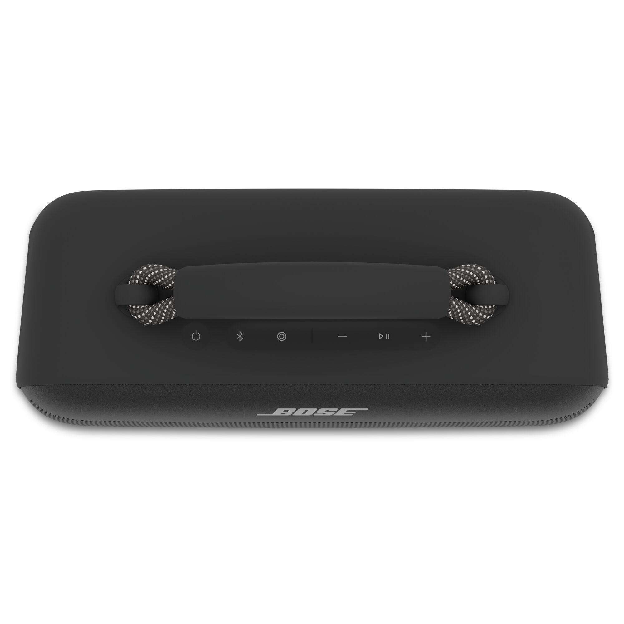 Schwarzer Bose-Lautsprecher. Draufsicht zeigt Bedienelemente: Ein/Aus, Bluetooth, Lautstärke, Wiedergabe/Pause und mehr.