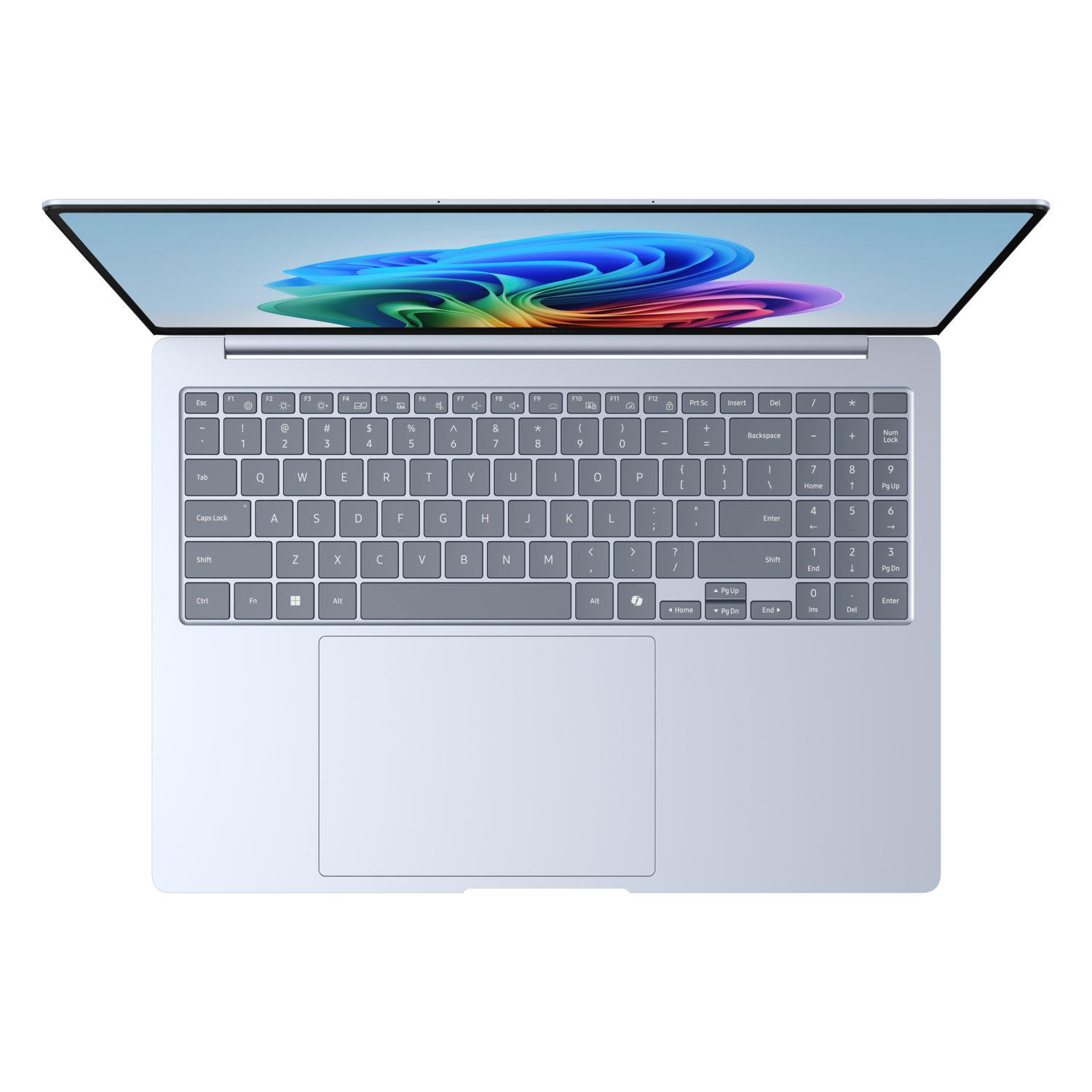 Een laptop met een toetsenbord en een blauw scherm. Het toetsenbord is lichtblauw en zwart.