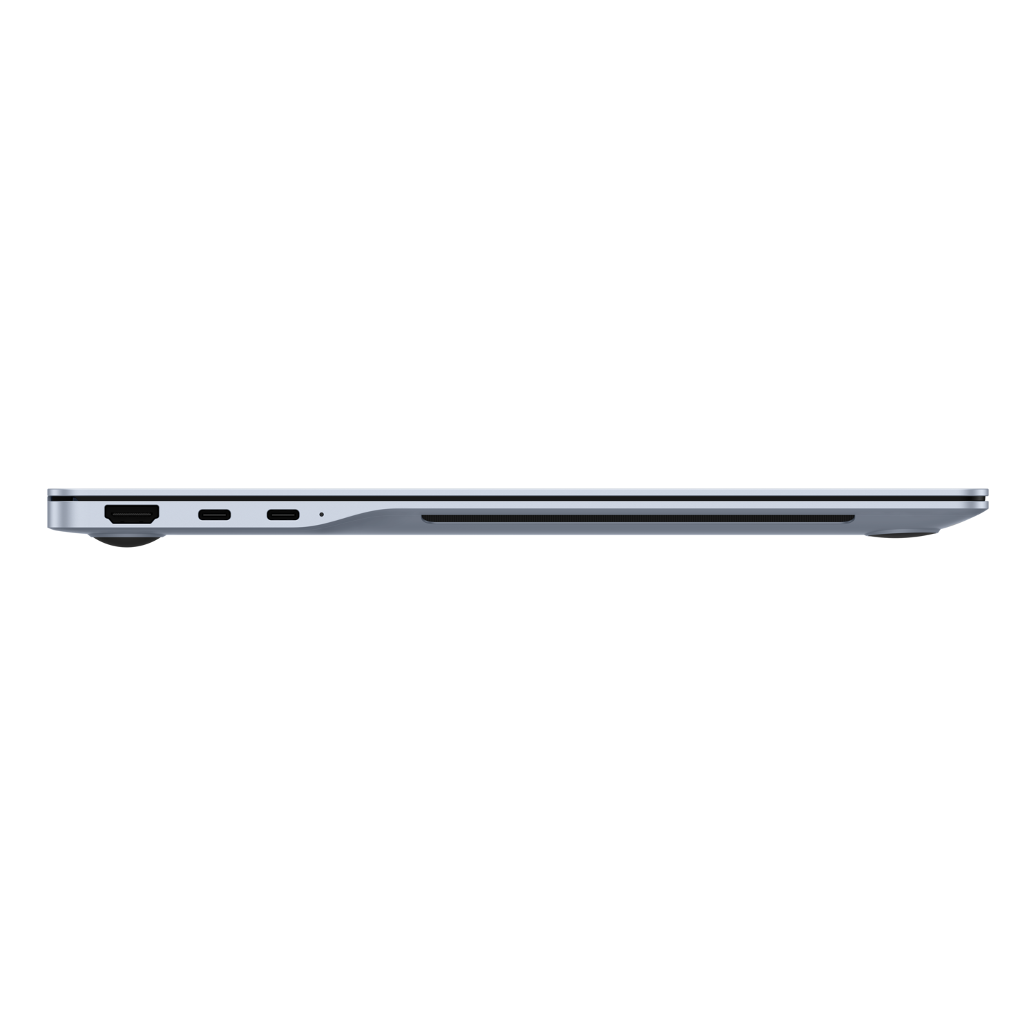 Zijaanzicht van een zilveren laptop op een zwarte achtergrond. De laptop is gesloten.