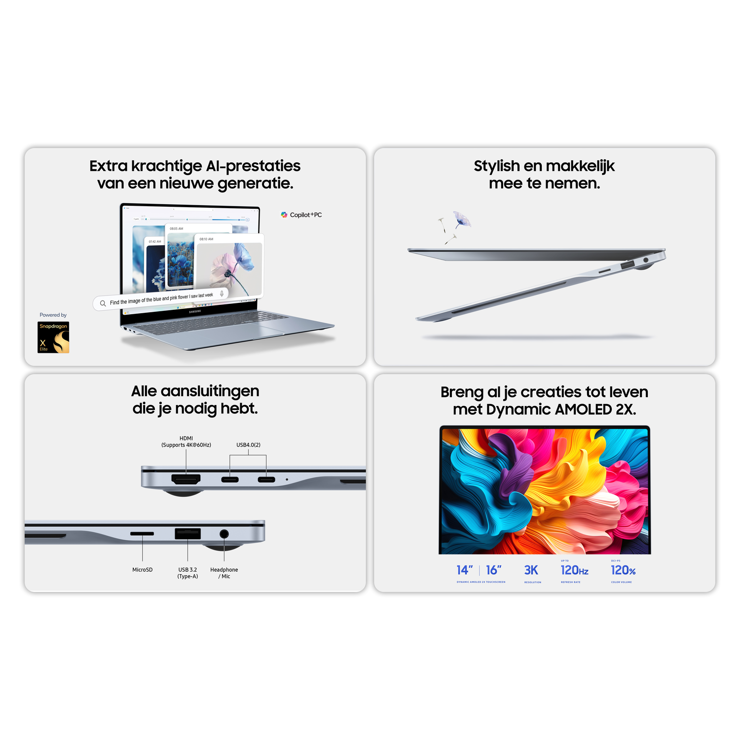 Laptop met vier afbeeldingen met functies: AI-prestaties, draagbaarheid, poorten en display.