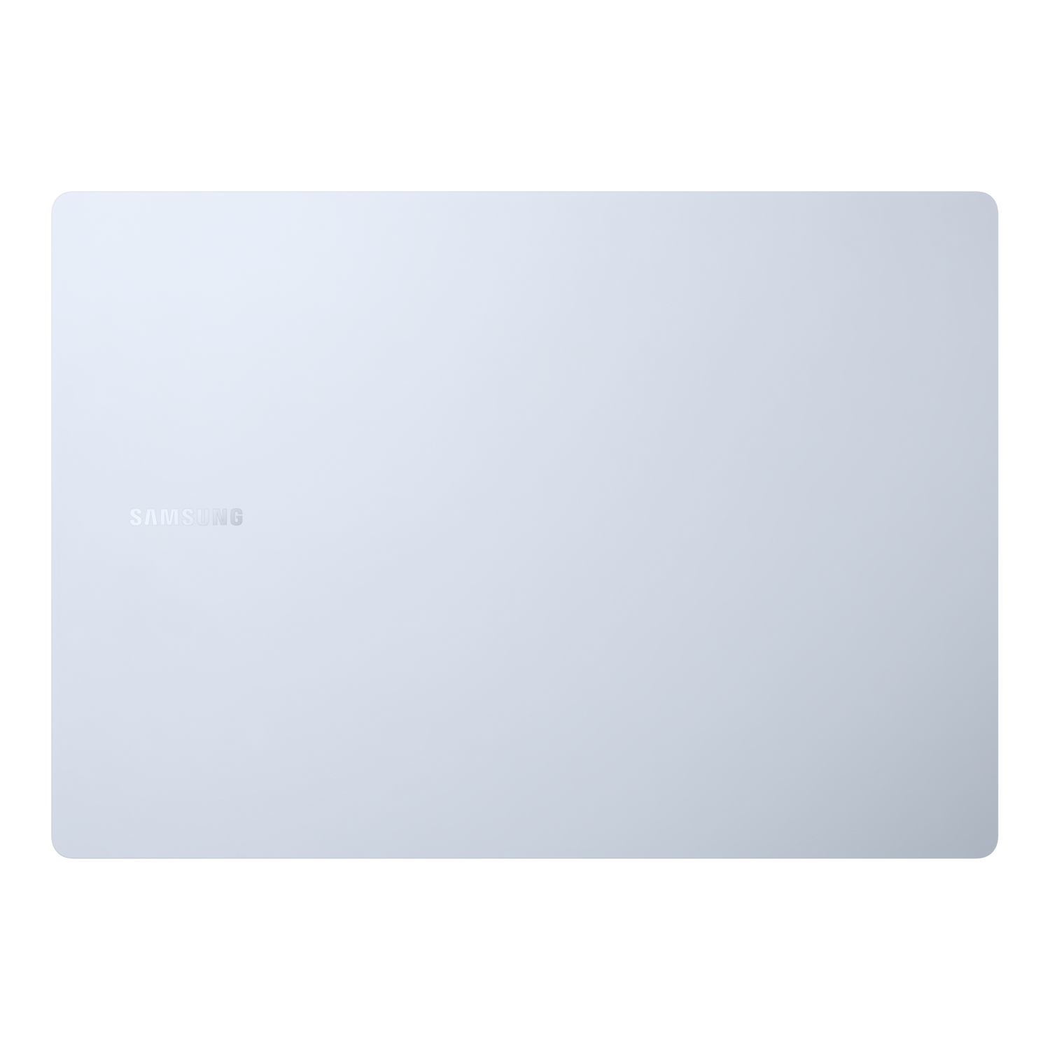 Lichtblauwe laptop met het Samsung-logo op een zwarte achtergrond. Het deksel is dicht.