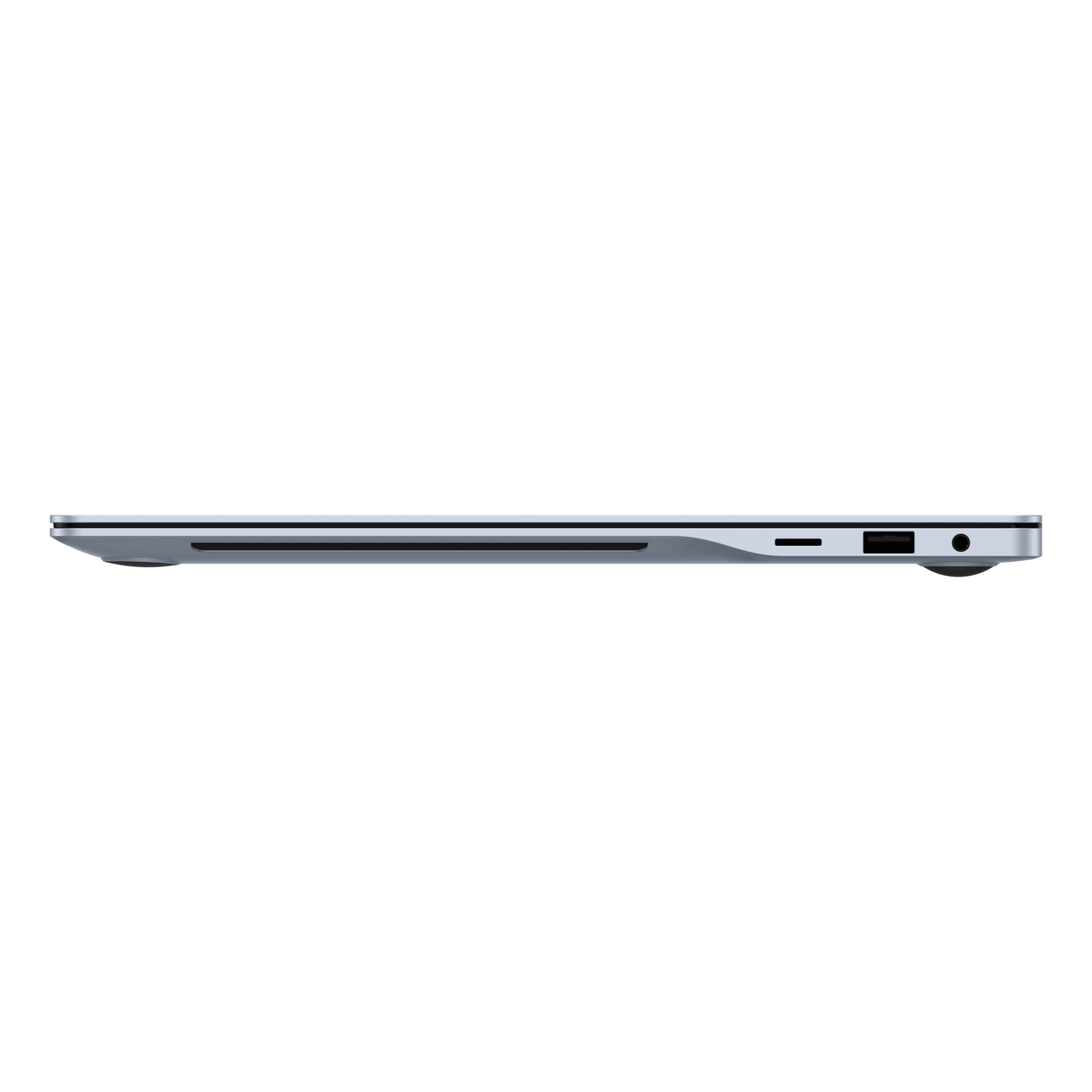 Zijaanzicht van een zilveren laptop op een zwarte achtergrond, met zijn profiel.