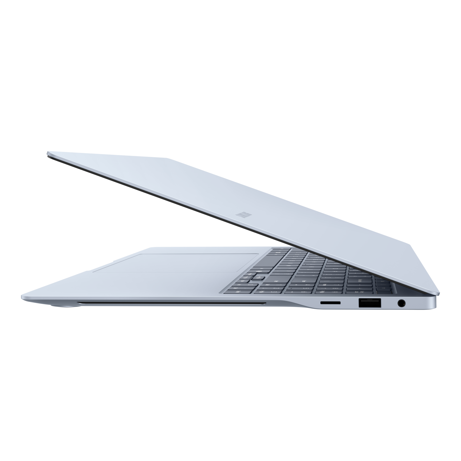 Blauwe laptop, zijaanzicht, open, op een zwarte achtergrond. Het scherm is uit.
