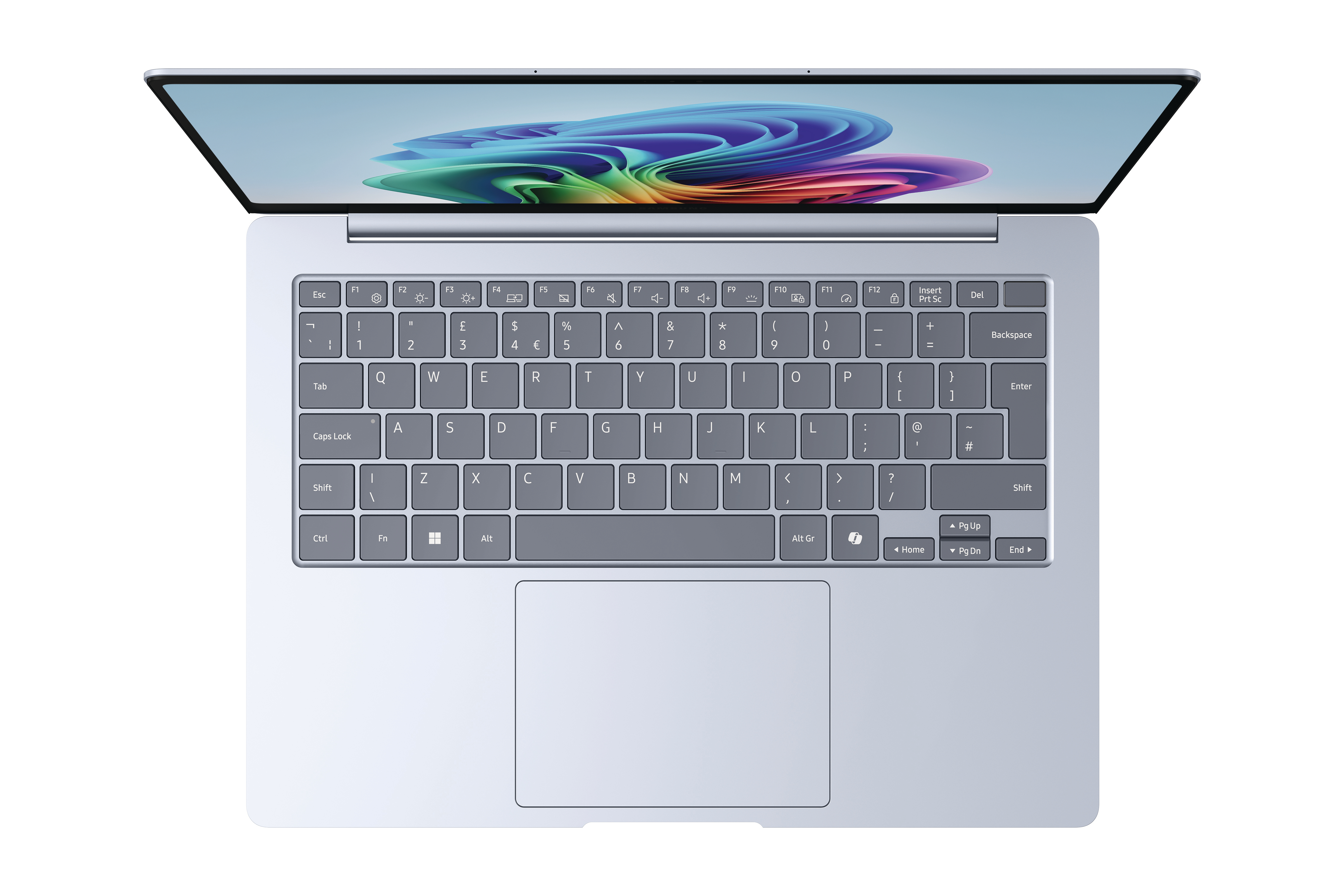 Eine Laptop-Tastatur und ein Bildschirm, der einen farbenfrohen, abstrakten Hintergrund zeigt. Das Gerät ist offen.