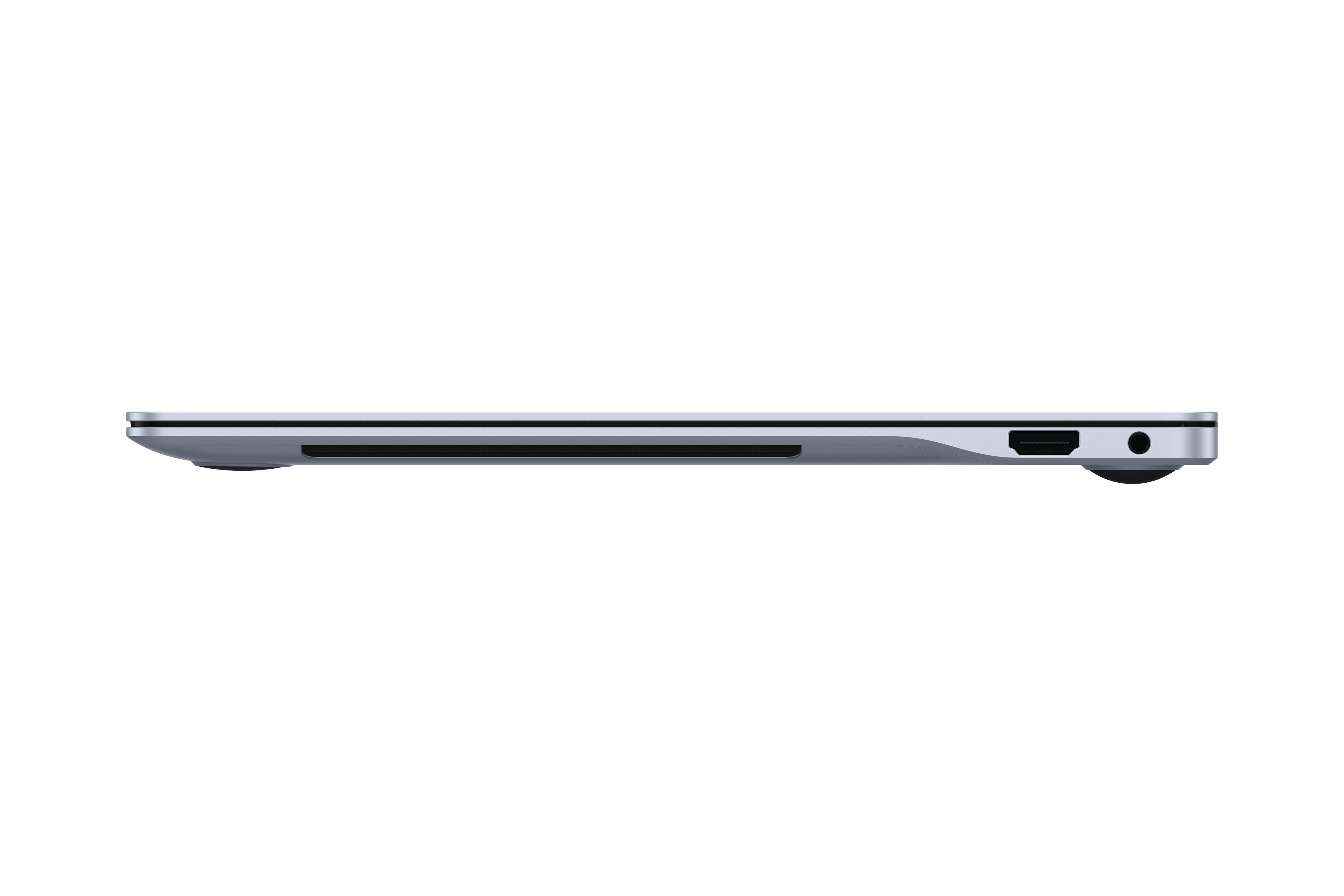 Ein schlanker, silberner Laptop von der Seite gesehen, mit Anschlüssen. Der Hintergrund ist rein weiß.
