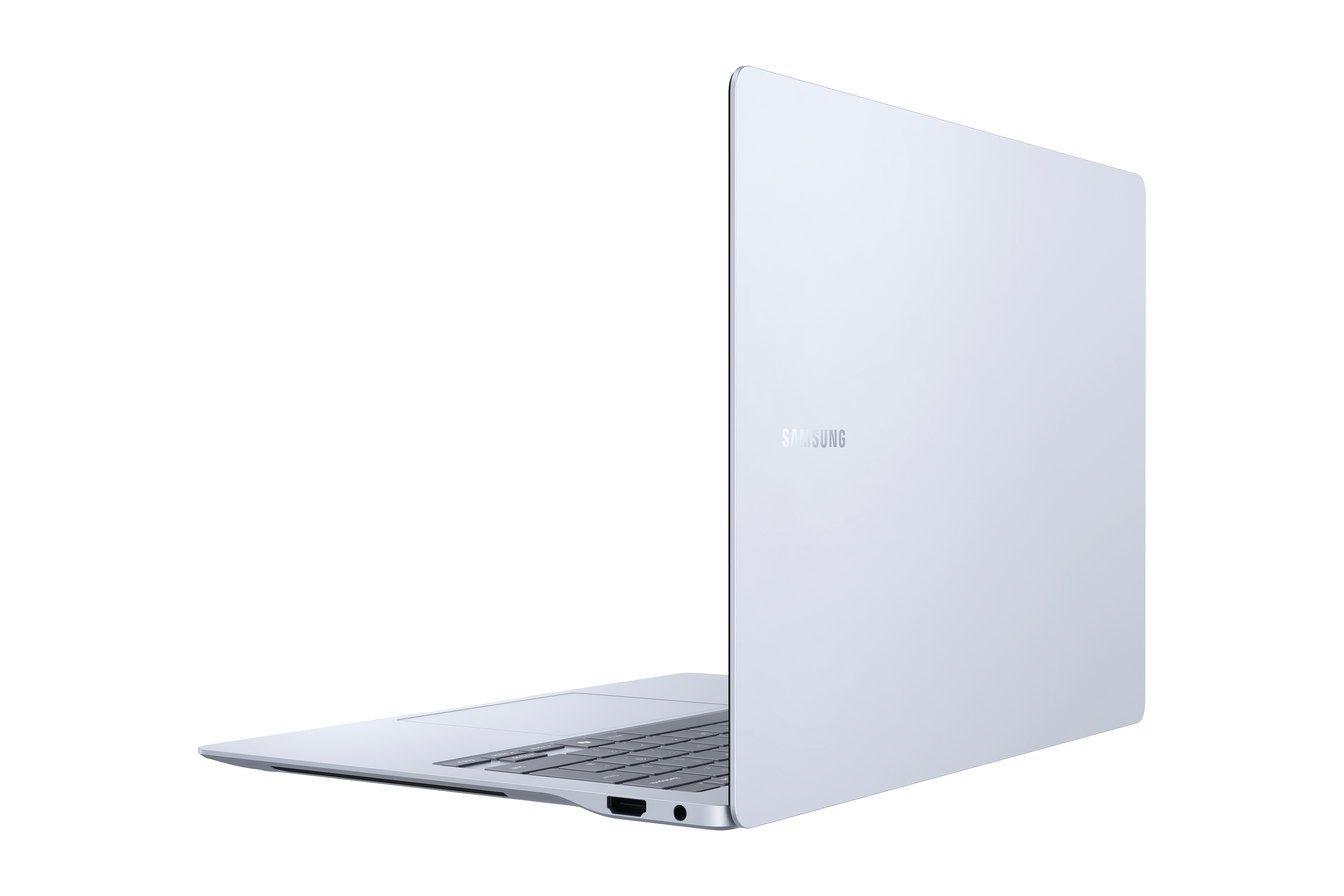 Ein silberner Laptop von hinten, mit dem Samsung-Logo sichtbar.