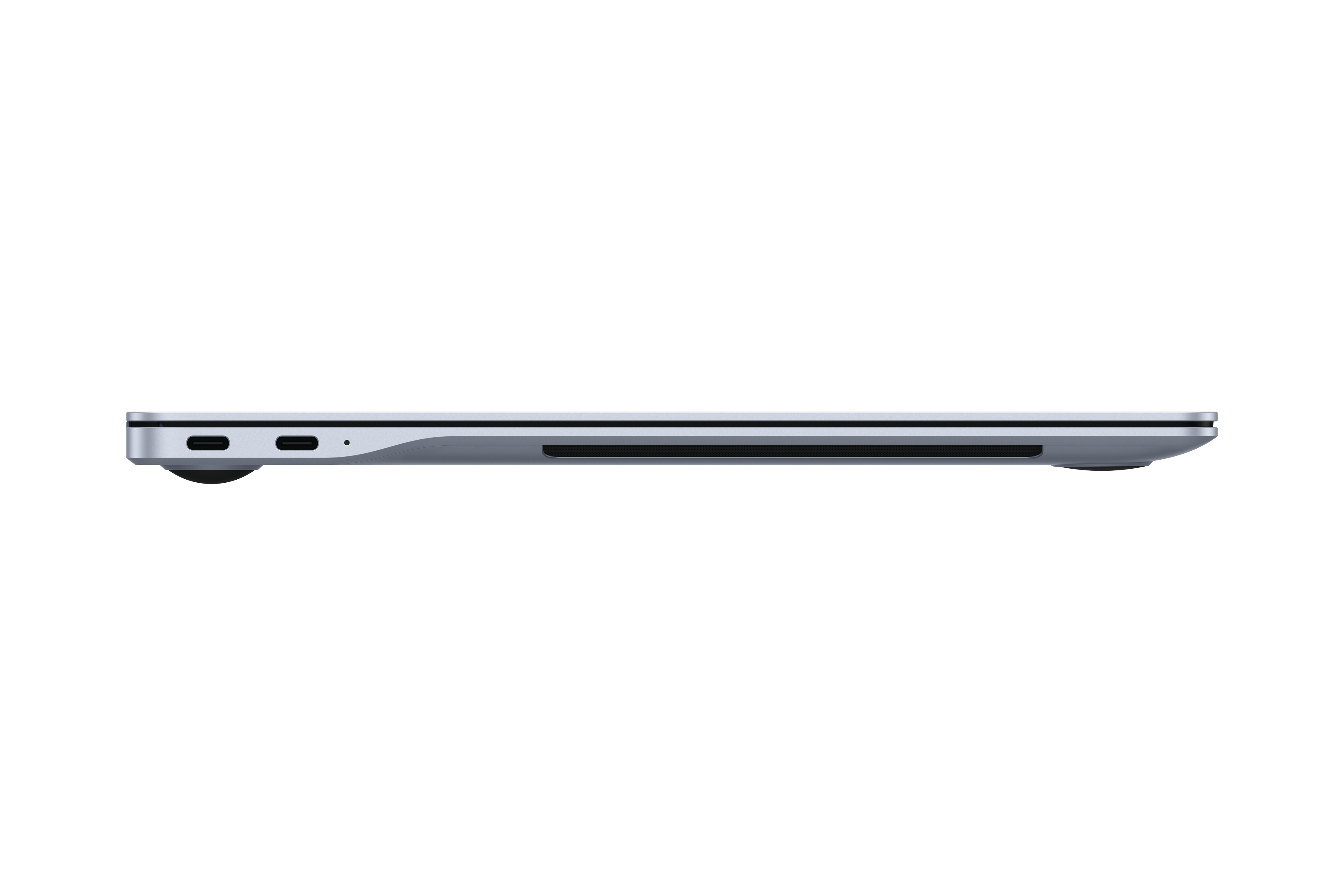 Seitenansicht eines schlanken, silbernen Laptops mit minimalem Design. Die Anschlüsse sind an der Seite sichtbar.