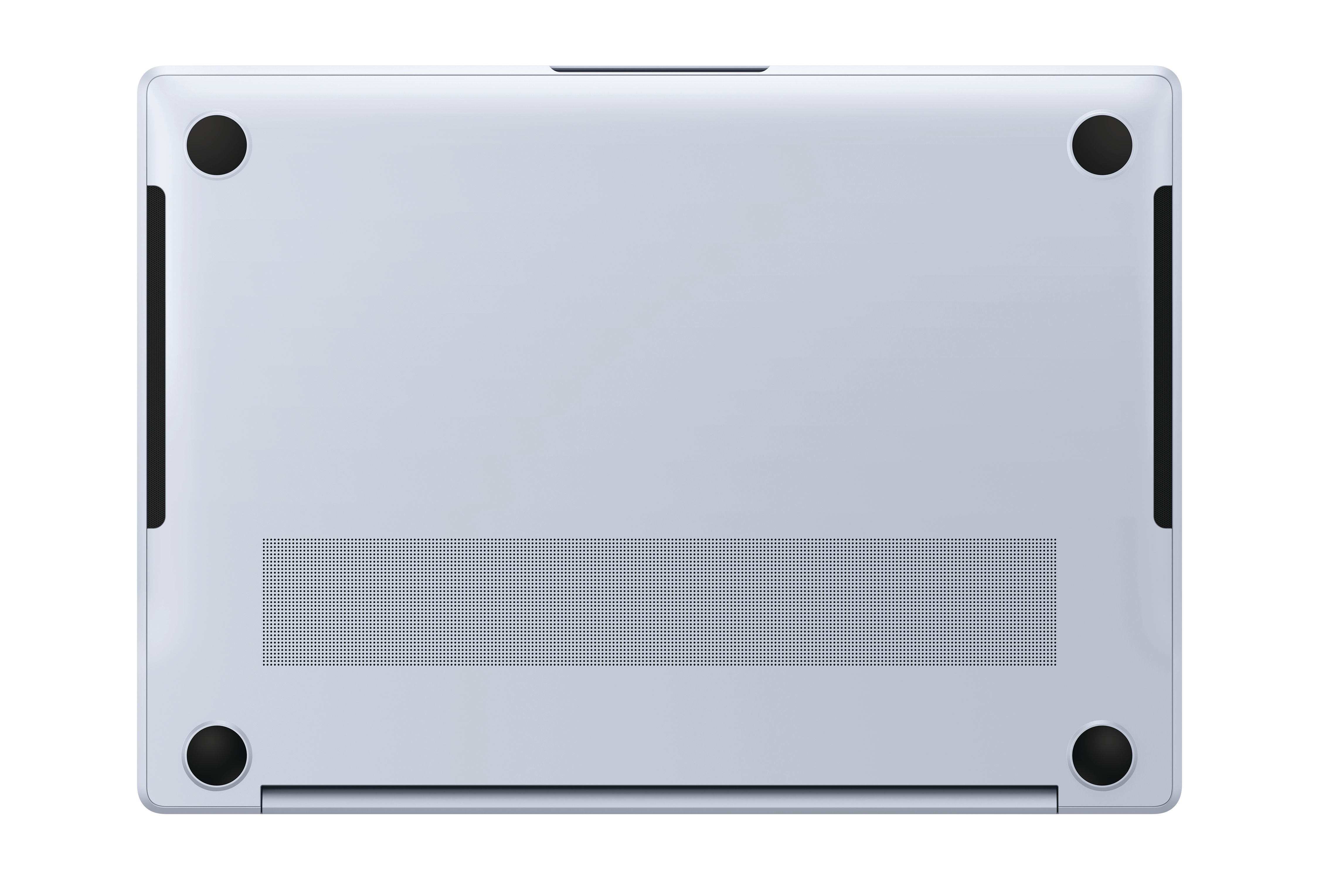 Unterseite eines Laptops. Die Basis ist hellgrau, mit schwarzen Gummifüßen und Lüftungslöchern.
