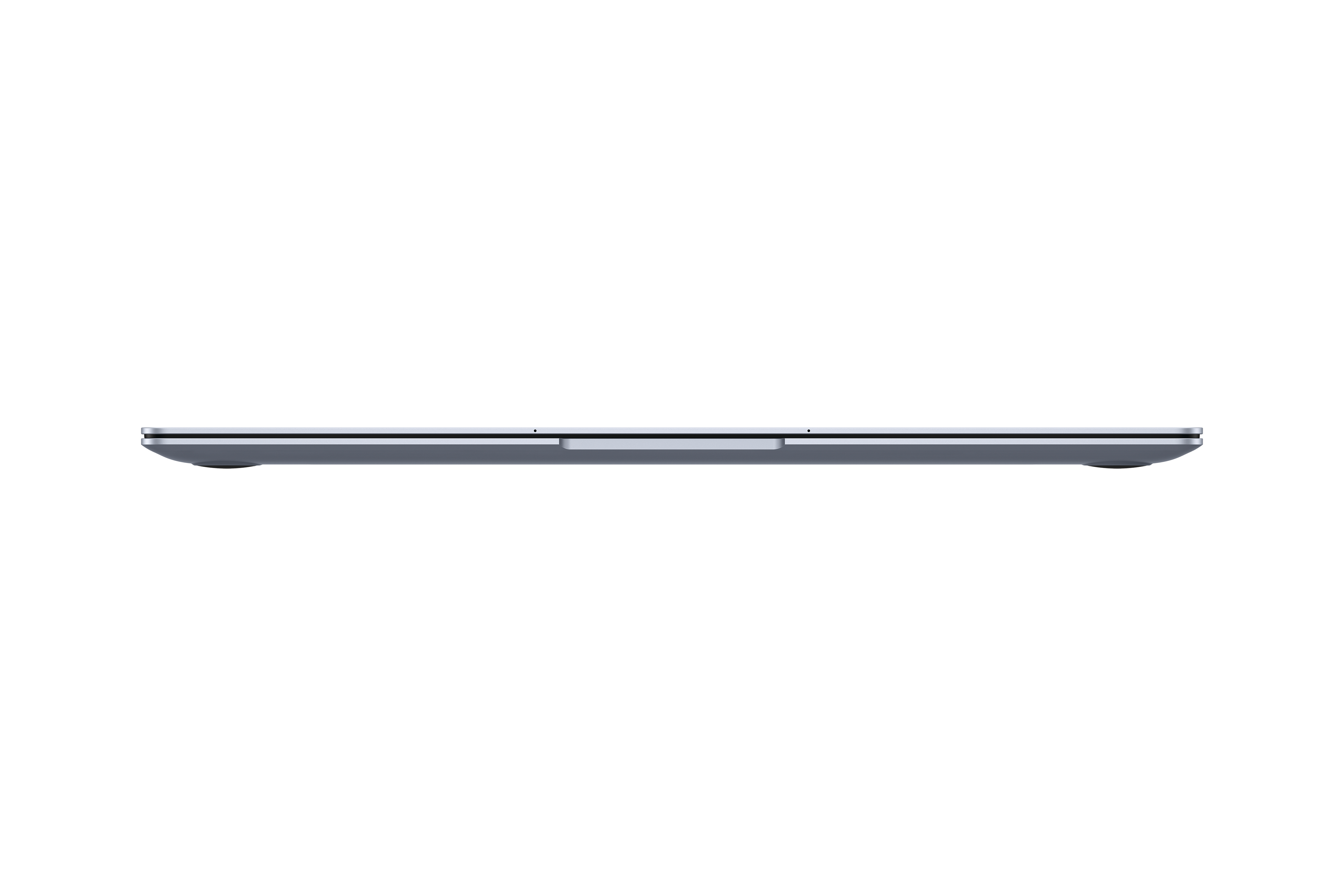 Draufsicht auf einen schlanken, grauen Laptop vor weißem Hintergrund. Der Bildschirm ist geschlossen.
