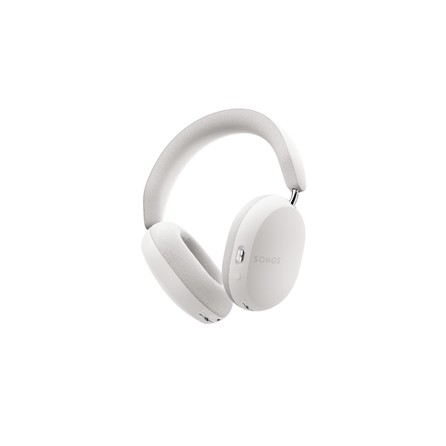 A pair of white Sonos headphones on a black background.