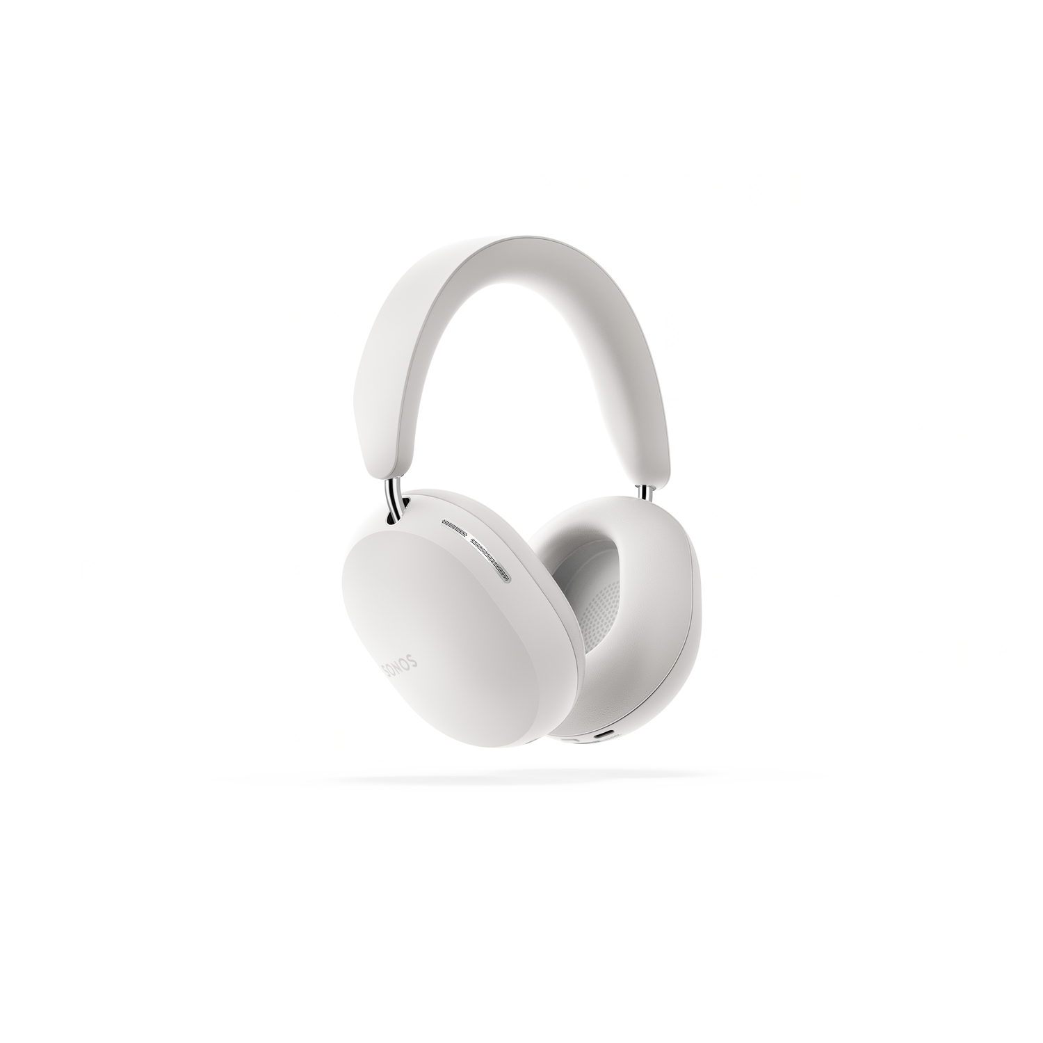 White headphones are isolated on a white background. The headphones are centered and facing the viewer.