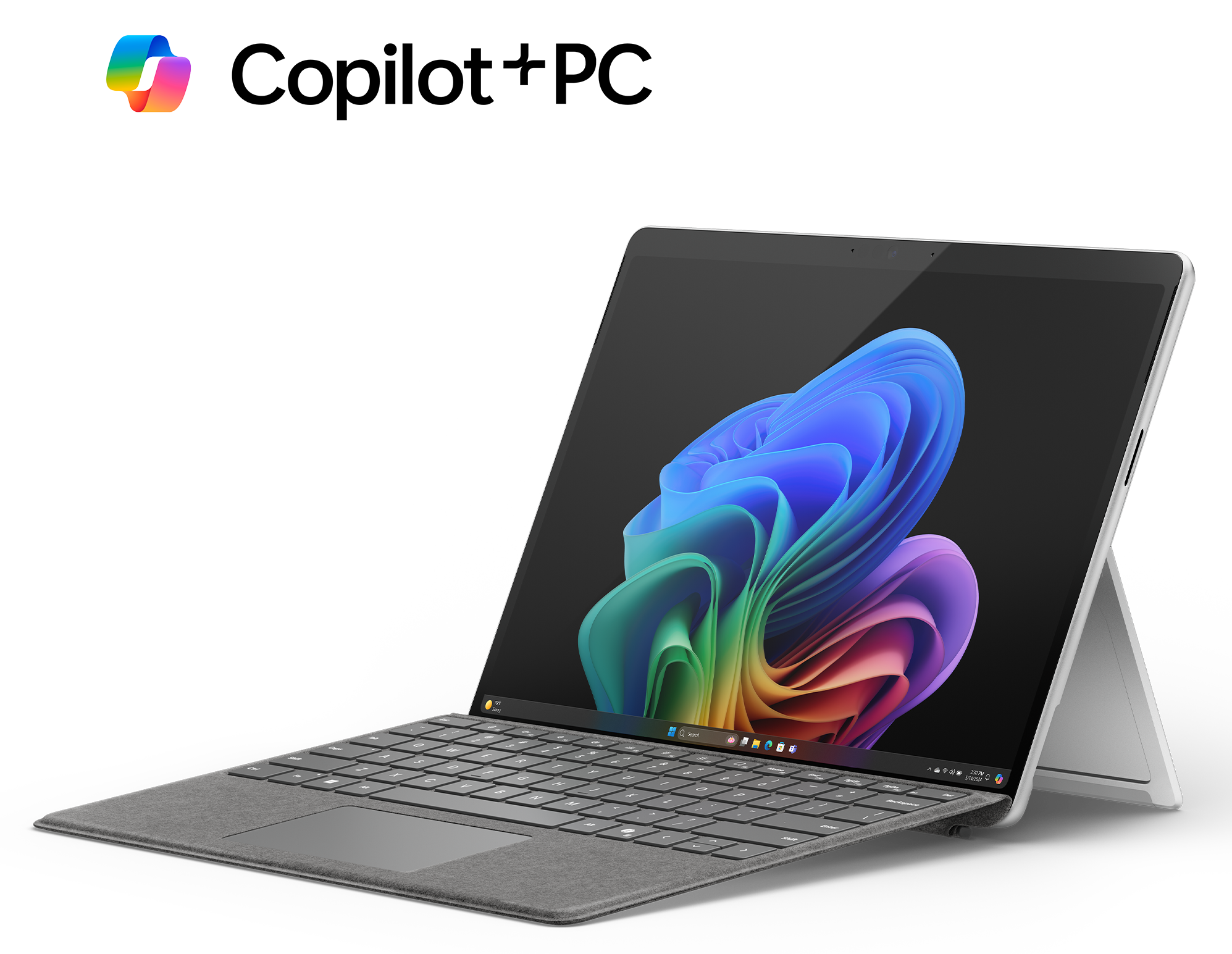 Laptop z kolorowym, abstrakcyjnym tłem, z logo Office.
