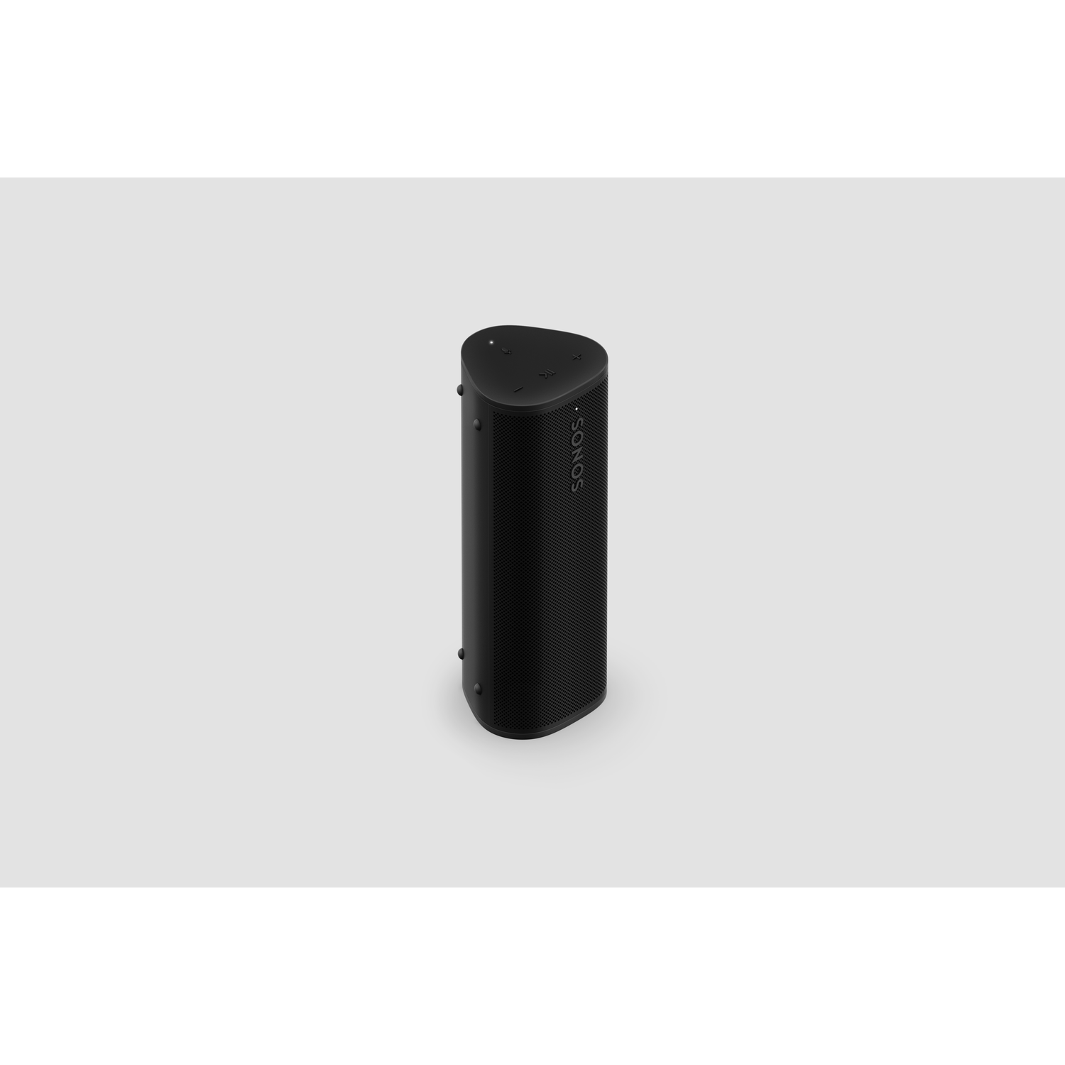 Een zwarte cilindrische Sonos-luidspreker op een lichtgrijze achtergrond, minimaal design.