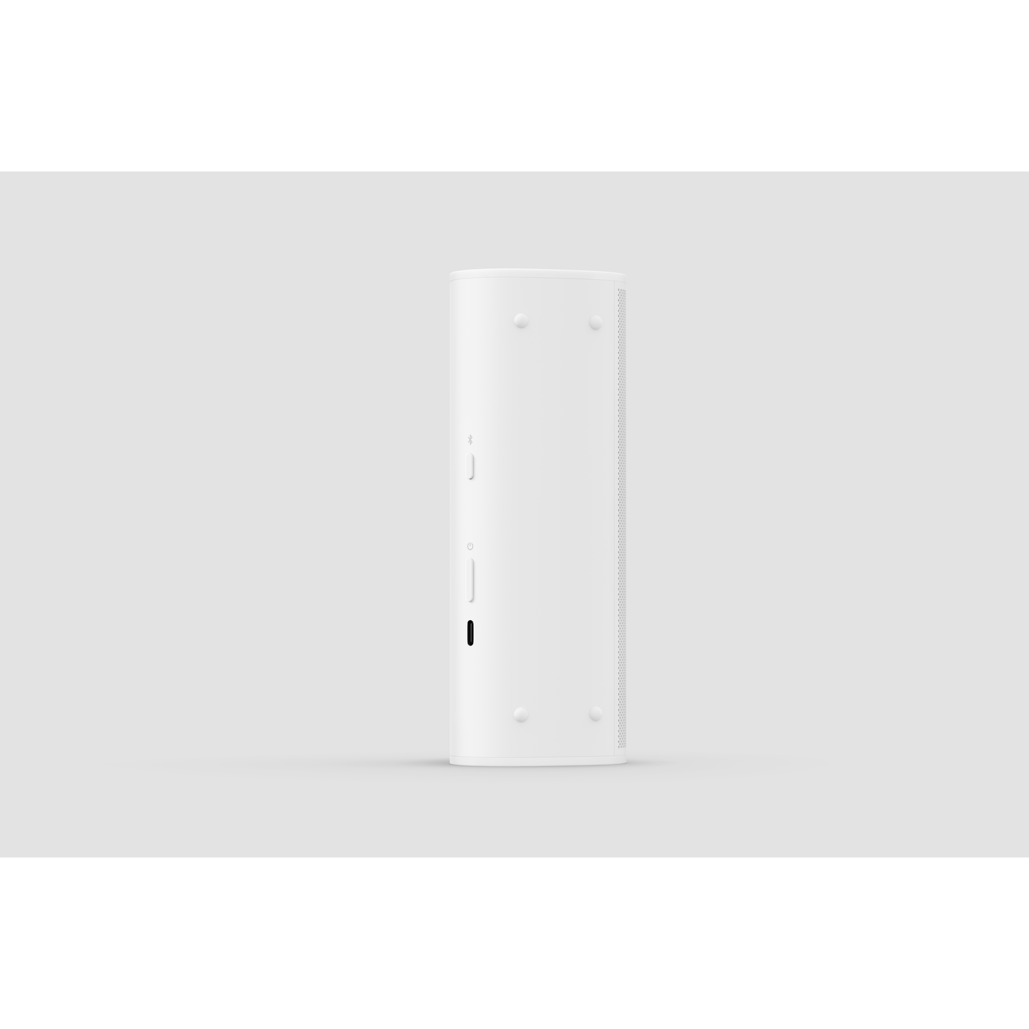 White cylindrical speaker with buttons and ventilation holes, on a white background.