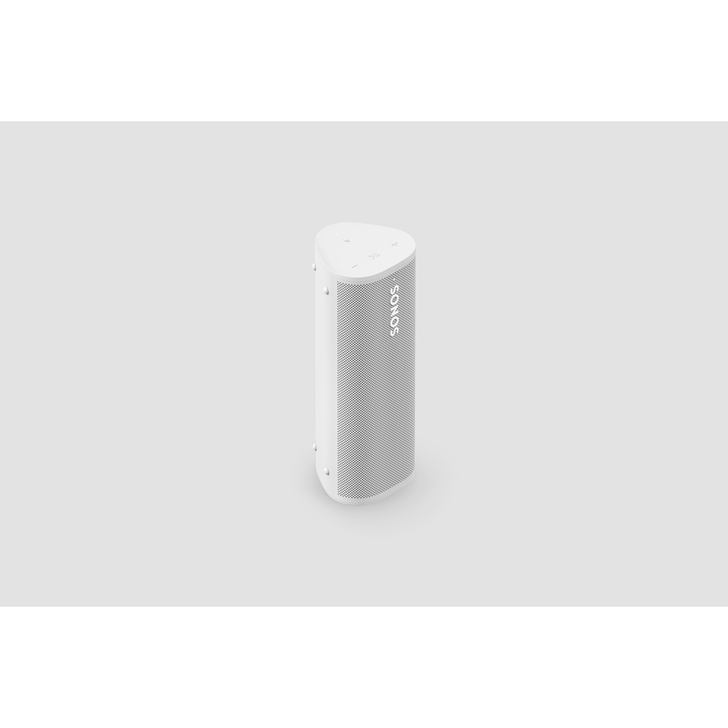 White Sonos speaker, triangular shape, on a light gray surface. Isolated image.