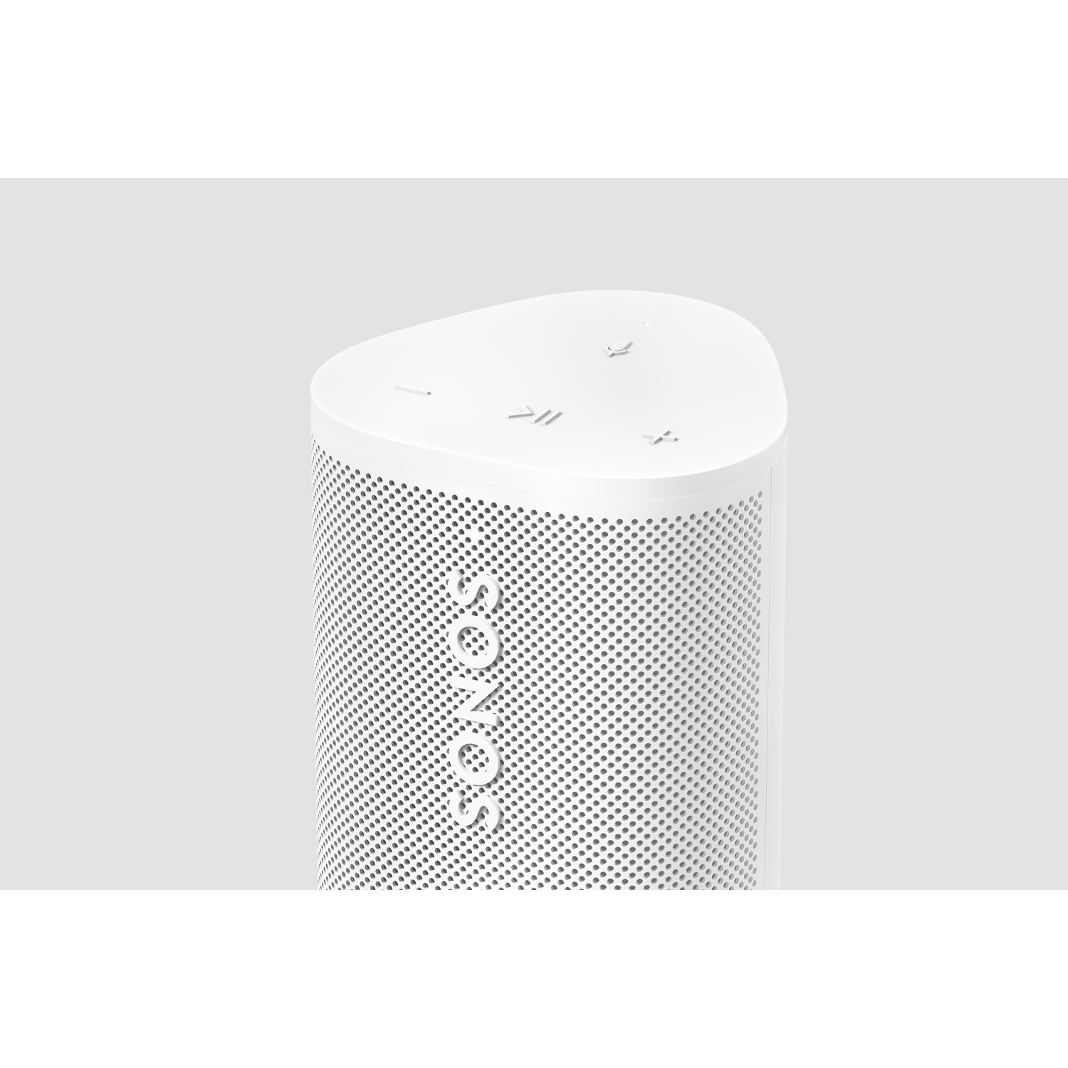 White Sonos speaker. Perforated surface with the Sonos logo. Top has controls, on white.