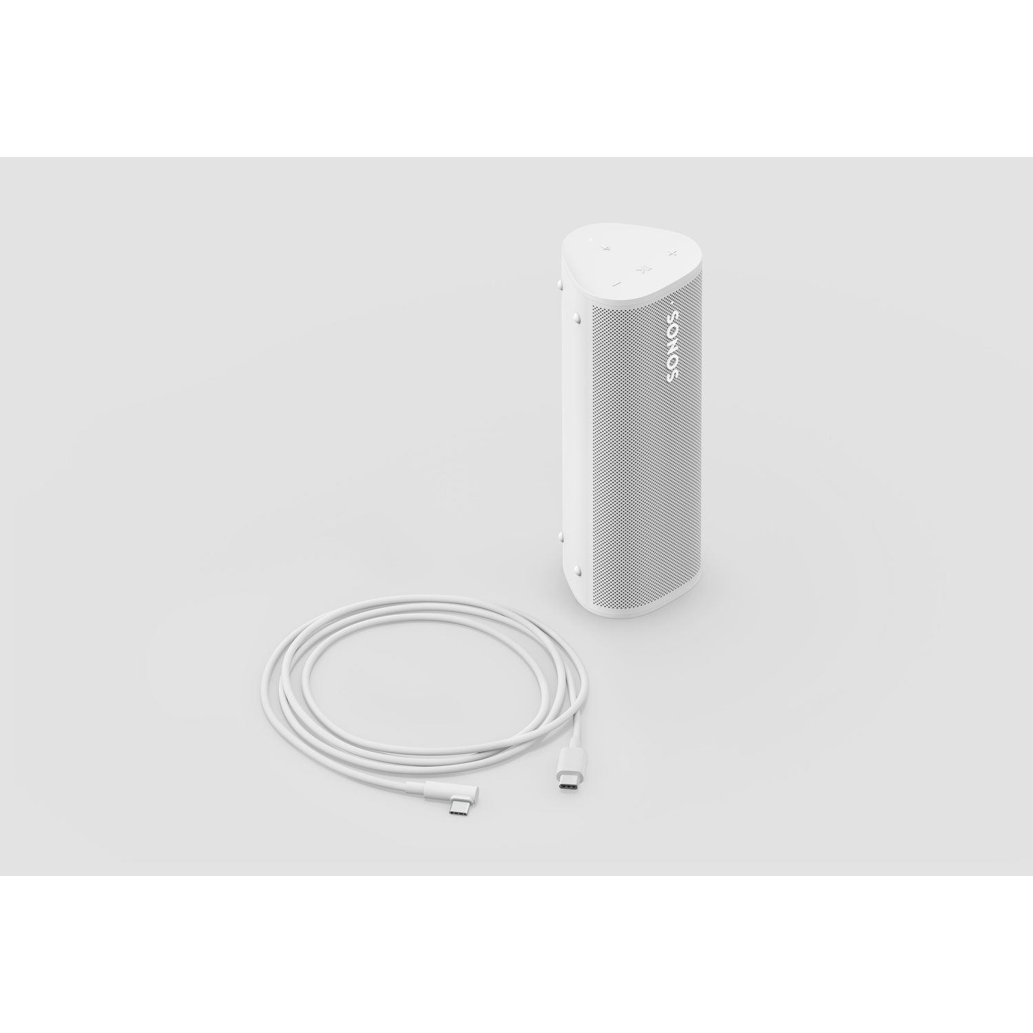 A white Sonos speaker and a white cable on a white background.