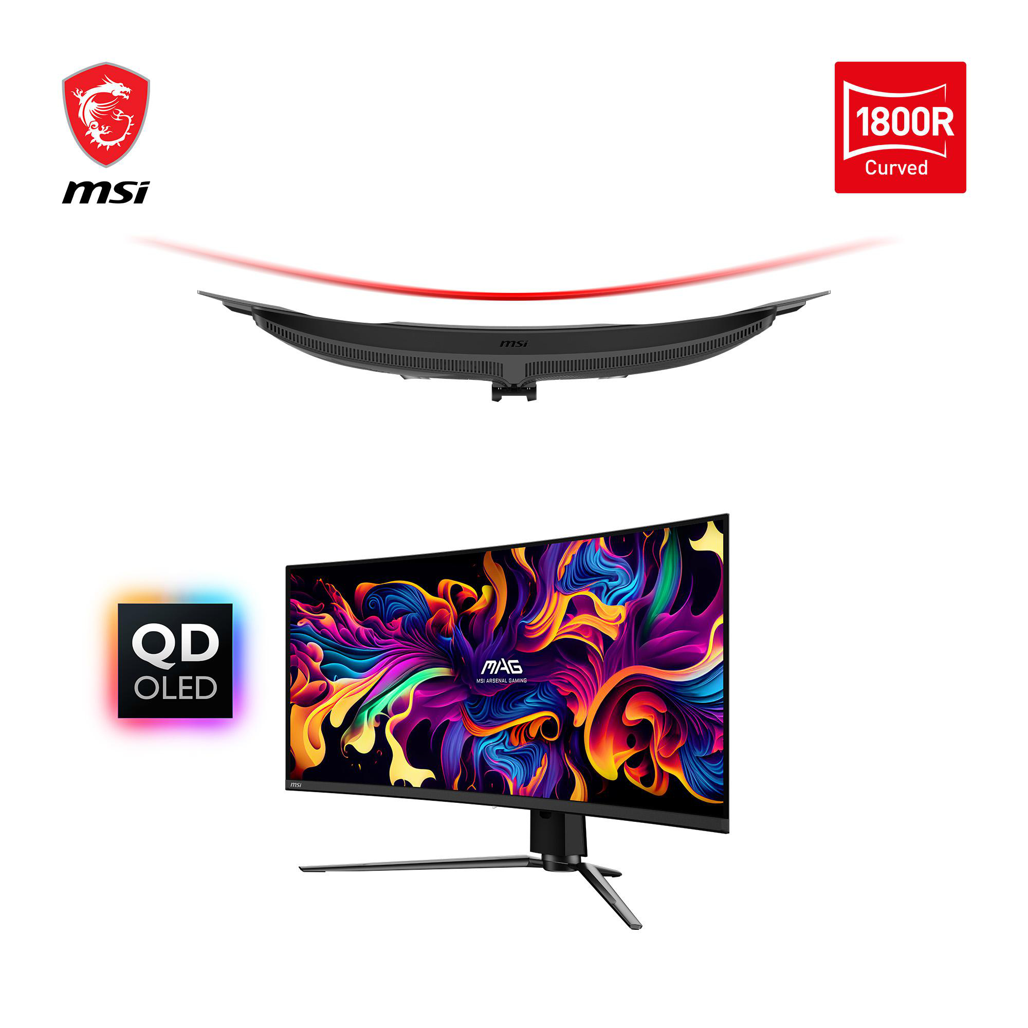 Gekrümmter Monitor mit farbenfroher Anzeige, MSI-Logo und Beschreibung des gekrümmten Displays.
