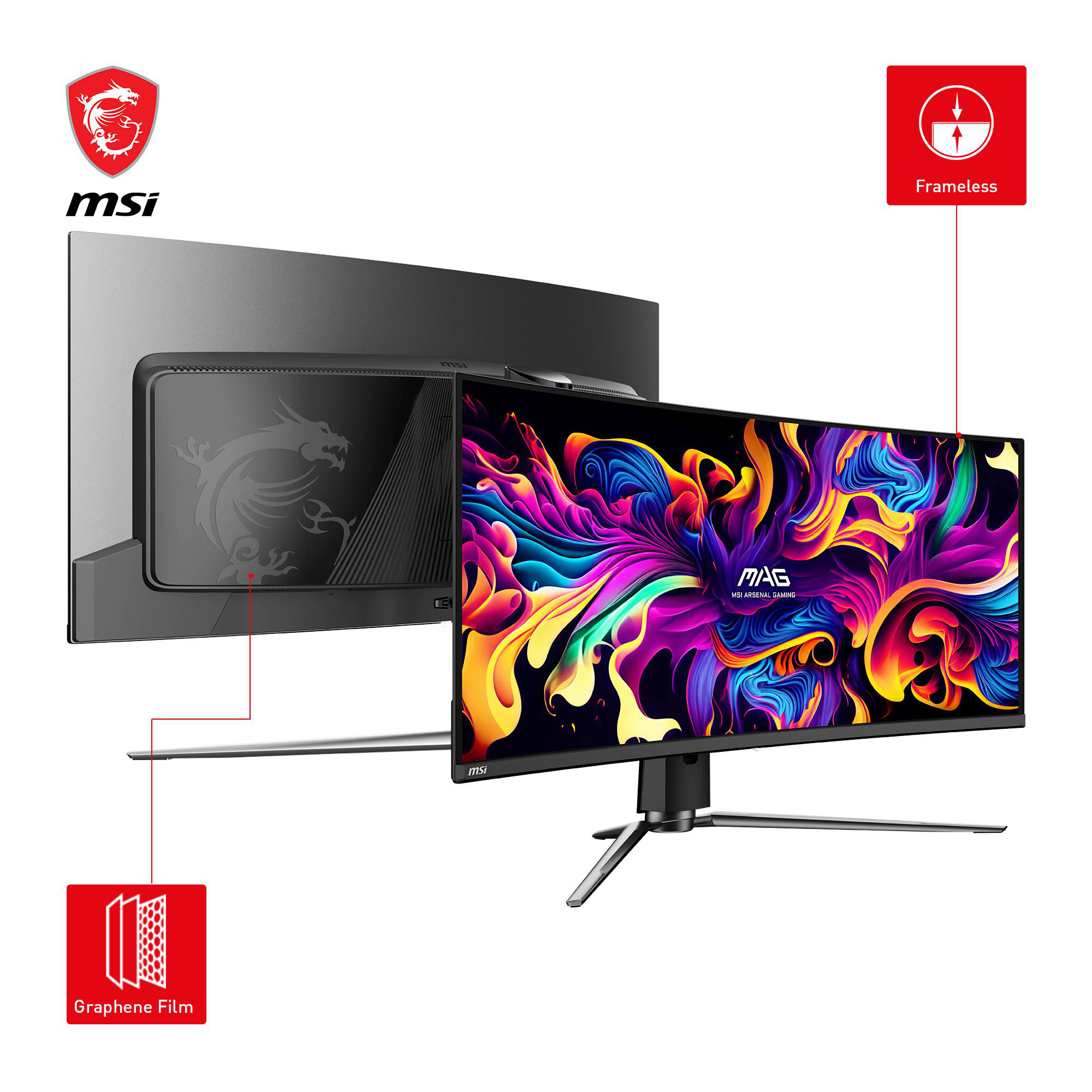 Ein Monitor wird mit Vorder- und Rückseite gezeigt. Der Bildschirm zeigt ein farbenfrohes, abstraktes Design.