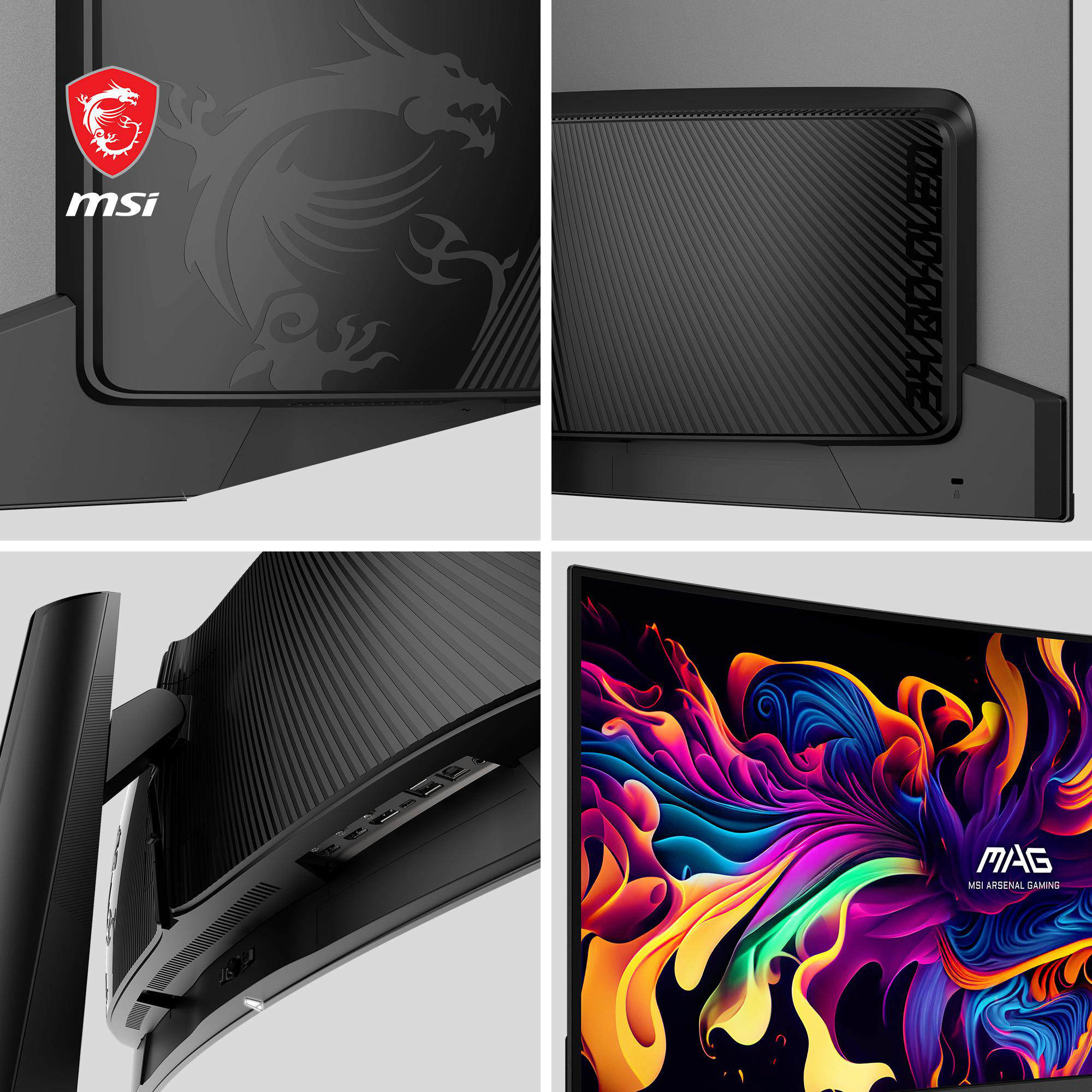 Nahaufnahme eines Gaming-Monitors. Details der Rückseite und des Bildschirms mit farbenfrohen Grafiken sind sichtbar.