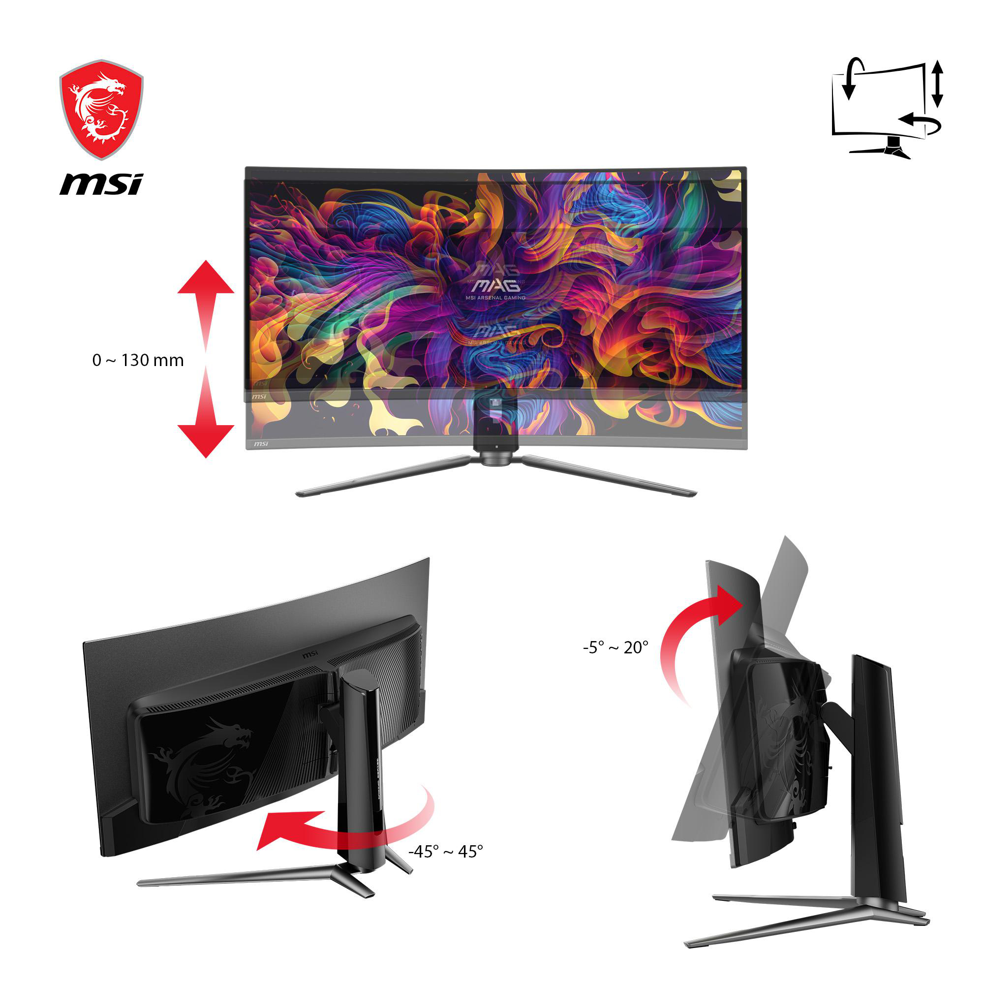 MSI-Monitor mit verstellbarem Ständer. Pfeile zeigen Höhen- und Neigungsverstellung an.