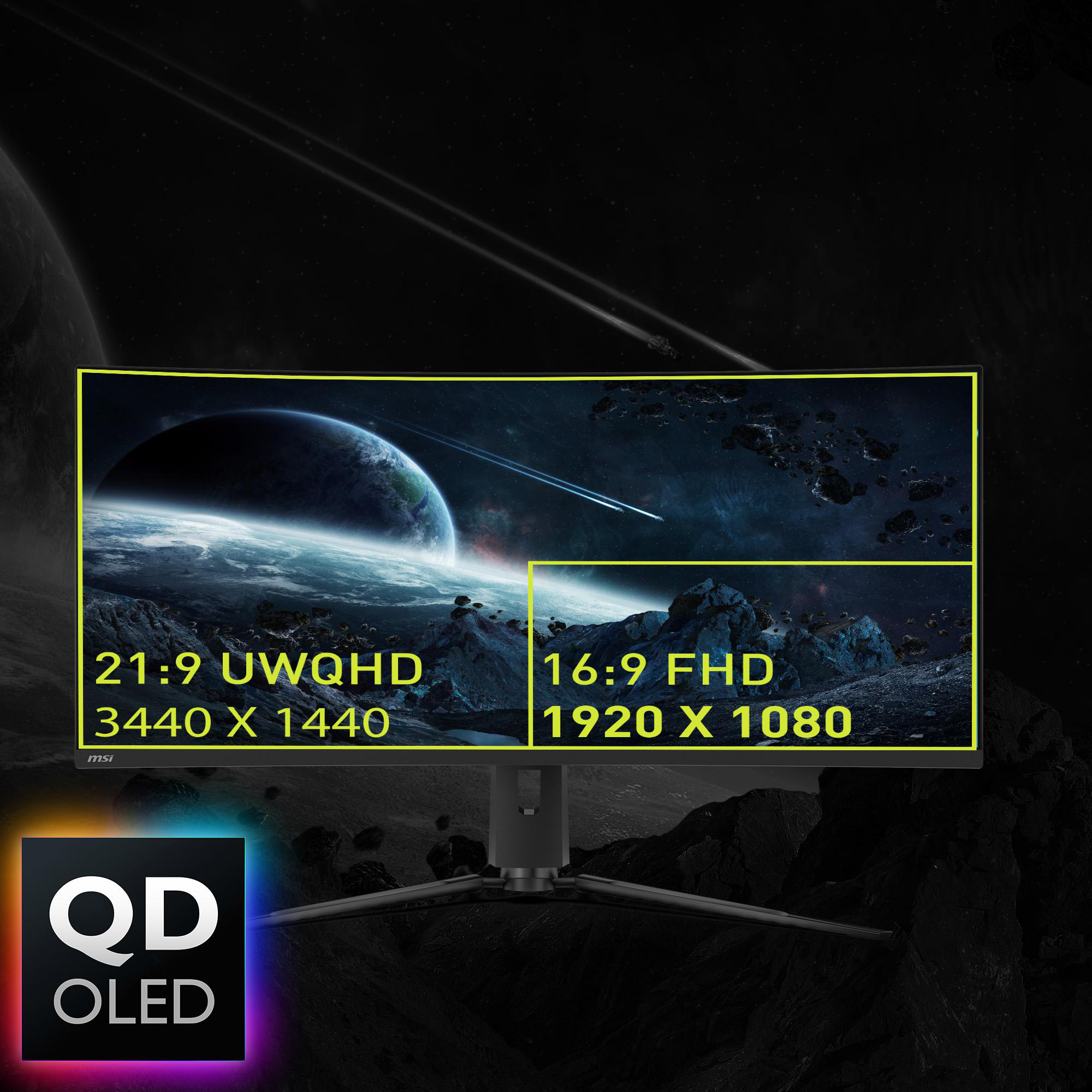 Ein gekrümmter Monitor zeigt zwei Bildschirmgrößen. Einer ist 21:9 mit 3440 x 1440, der andere 16:9 mit 1920 x 1080.
