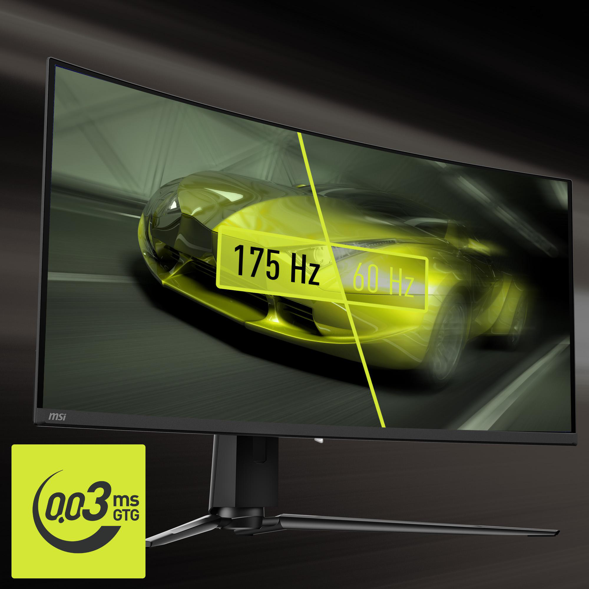 MSI Curved Gaming-Monitor mit einer Autorennszene und Leistungsinformationen.