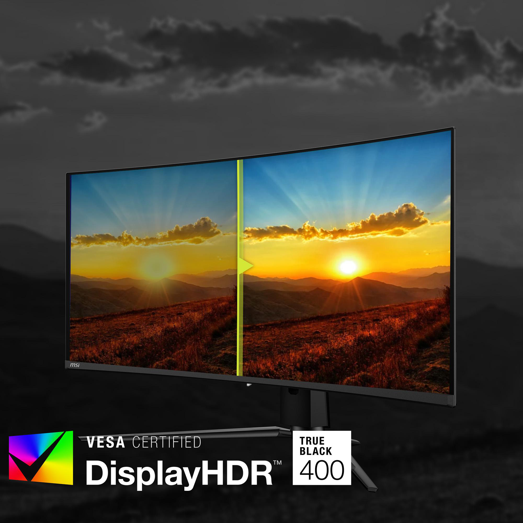 Gebogener Monitor mit Sonnenuntergangsszene, mit Schwarz-Weiß-Hintergrund dahinter.