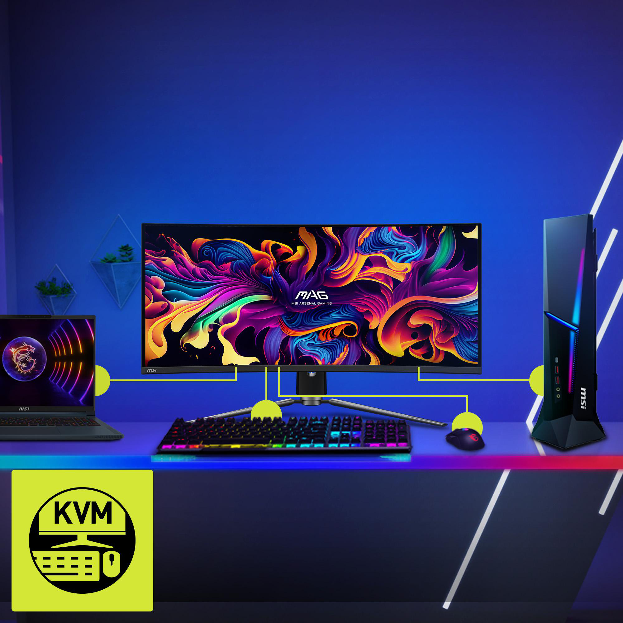 Ein Gaming-Setup mit Monitor, PC, Laptop und Peripherie. Neonlicht-Akzente.