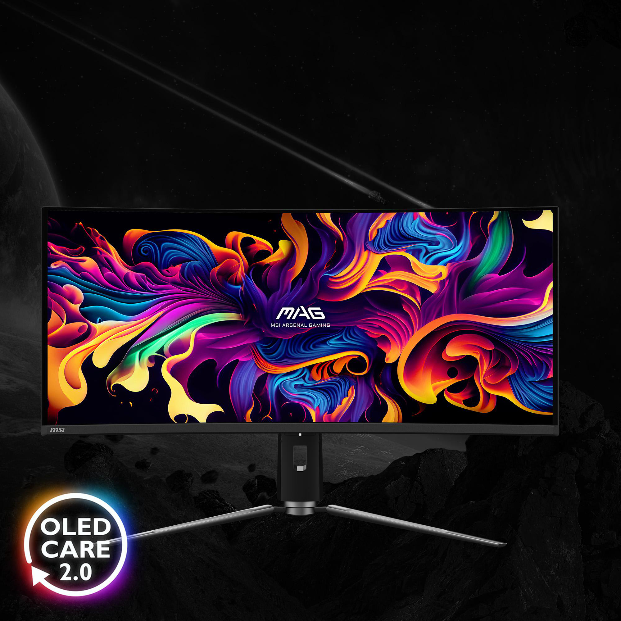 Gebogener Gaming-Monitor mit farbenfroher Anzeige und Ständer.
