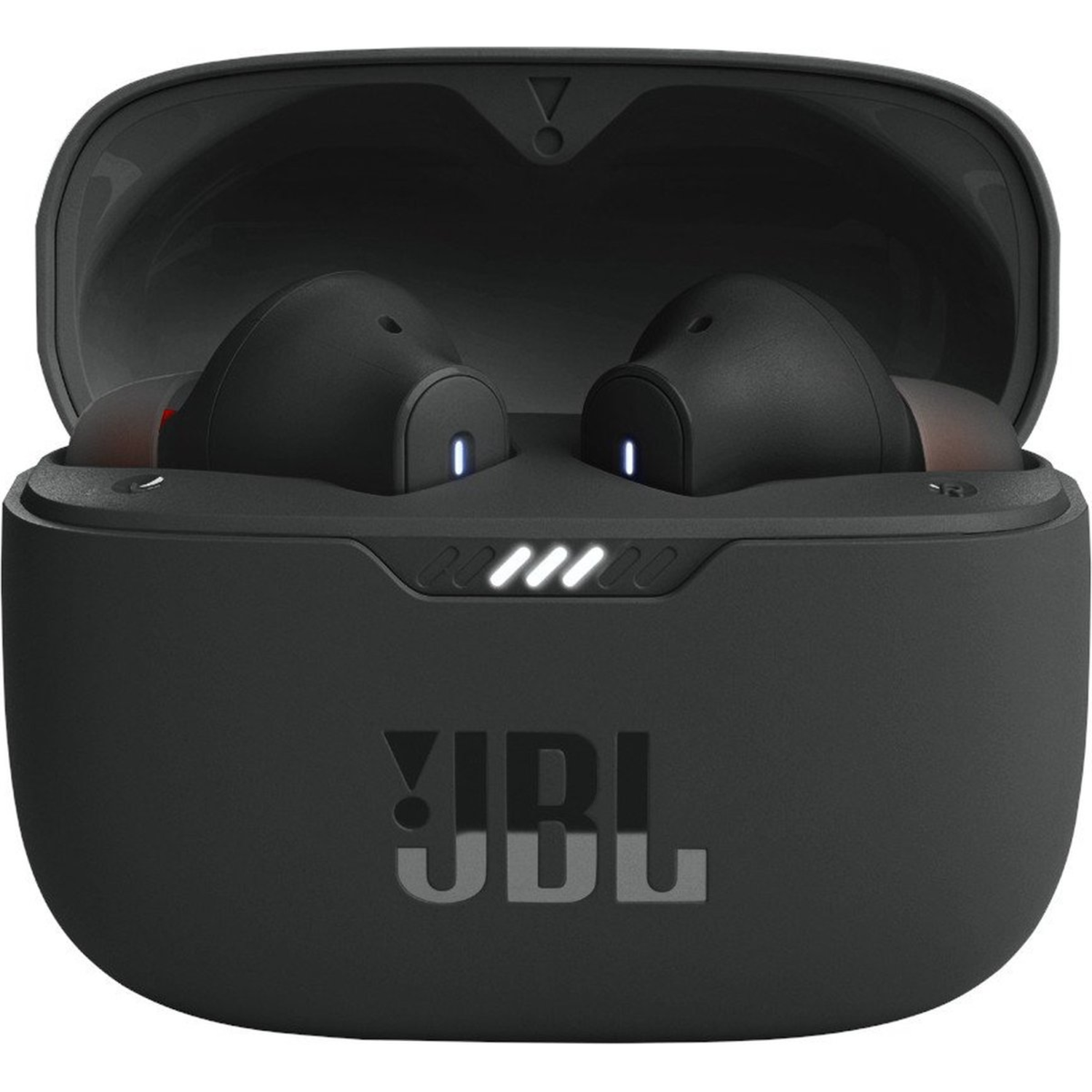 Zwarte JBL-oordopjes in open oplaadcase met logo. Witte lampjes branden.