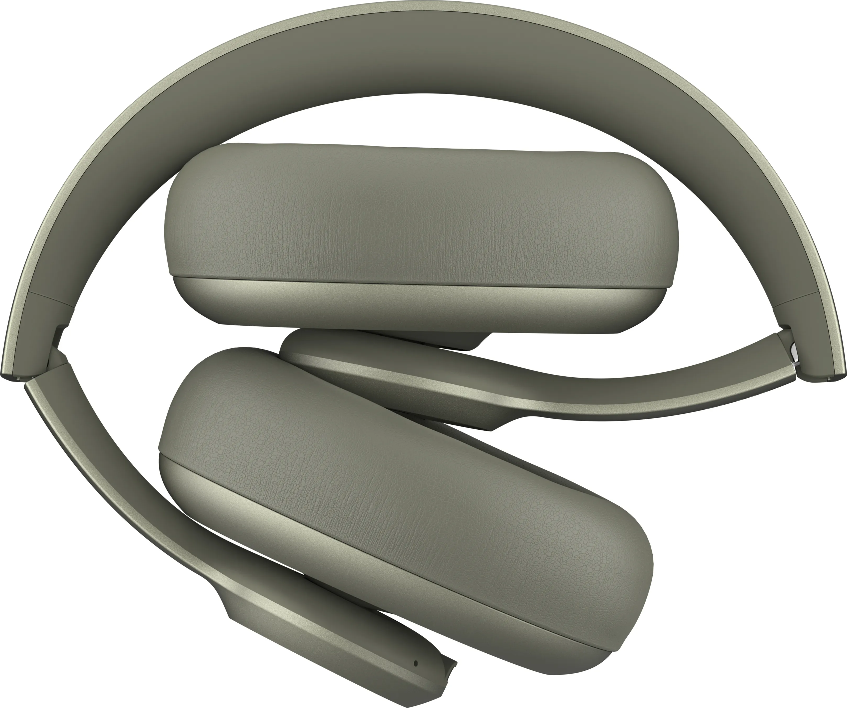 Casque gris plié. Montre les écouteurs et le bandeau. Fond blanc.