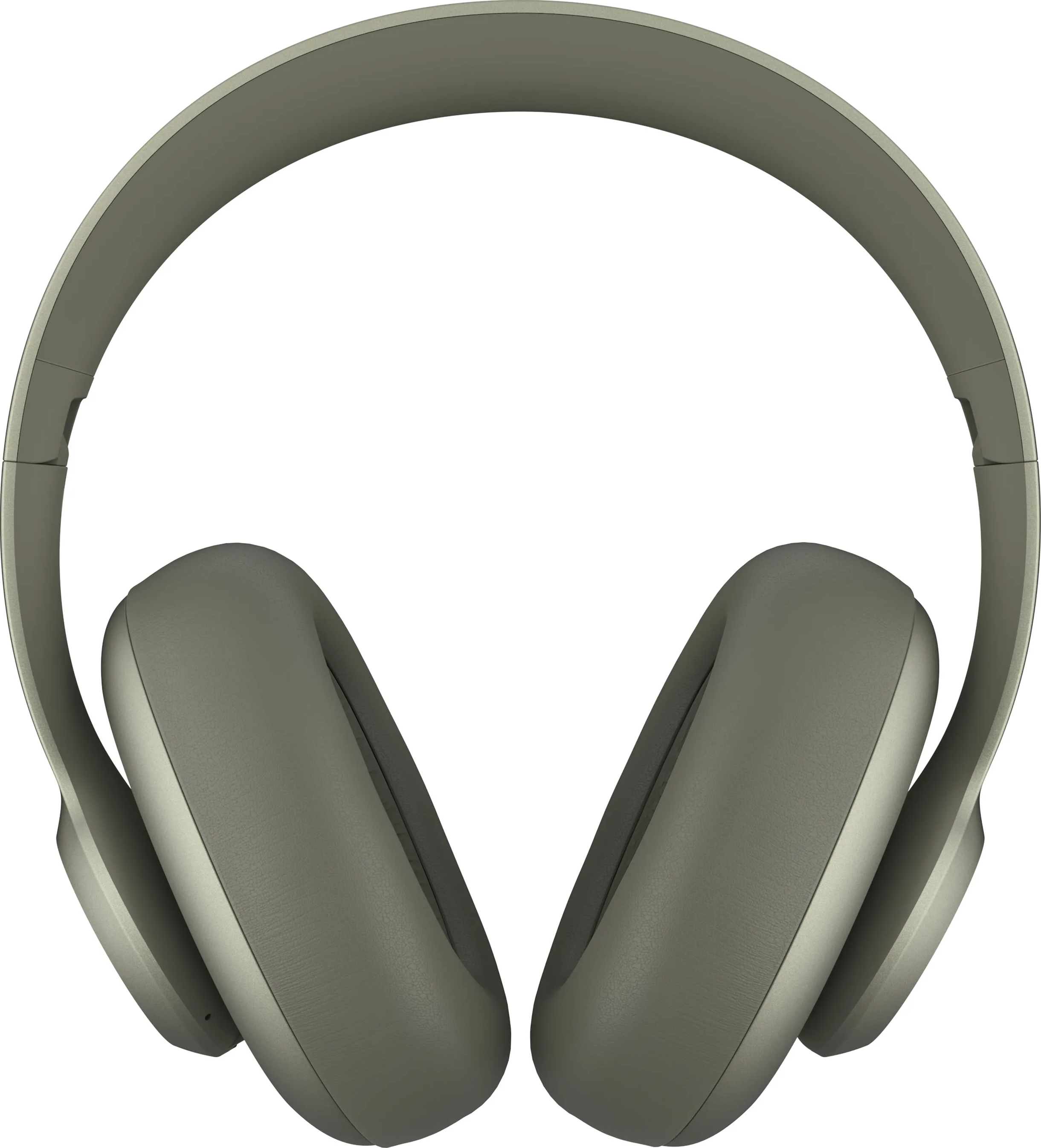 Casque circum-auriculaire, de couleur grise neutre, centré sur un fond blanc. Vue de face.