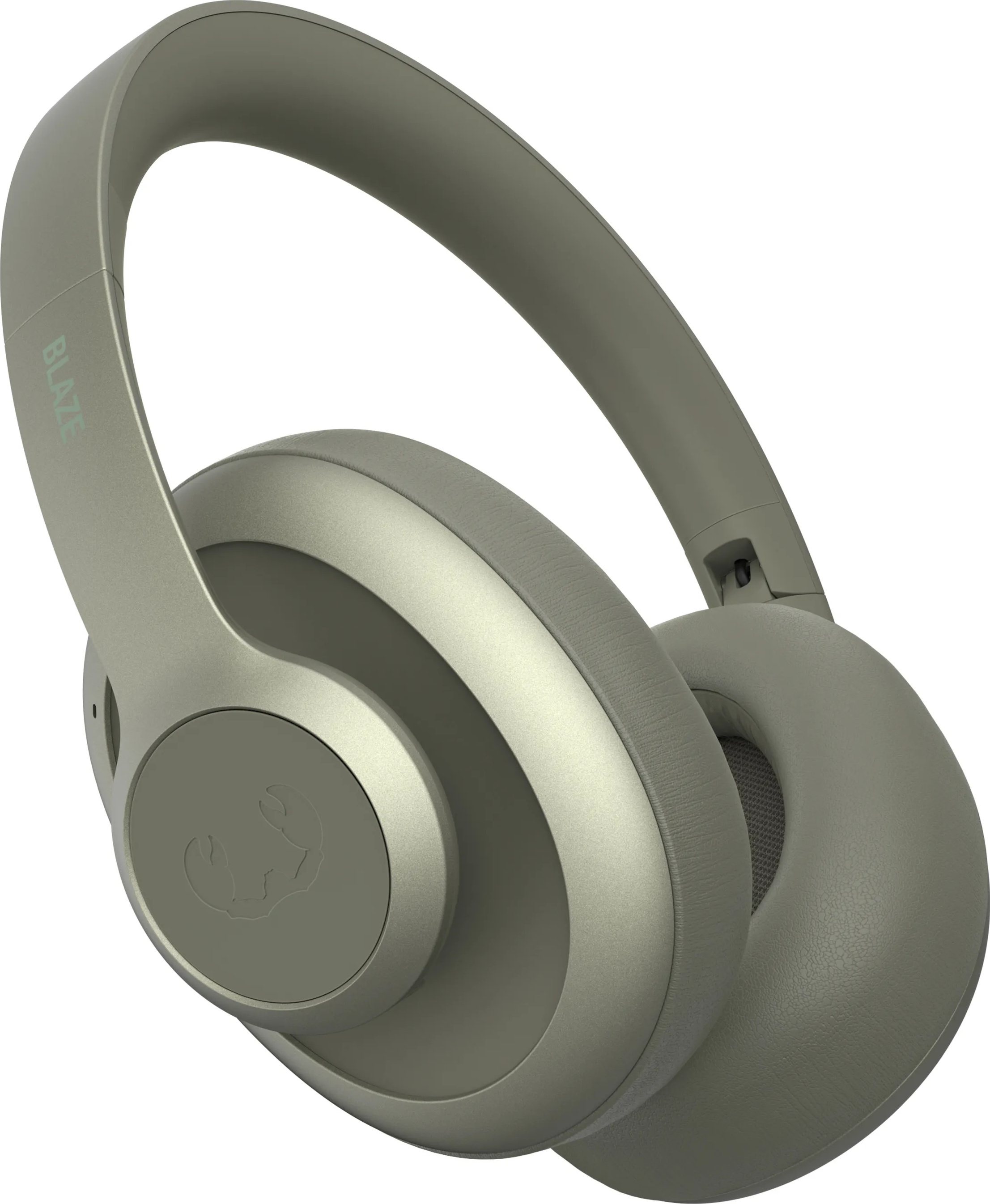 Casque vert olive. Logo circulaire sur l'écouteur. Fond blanc.