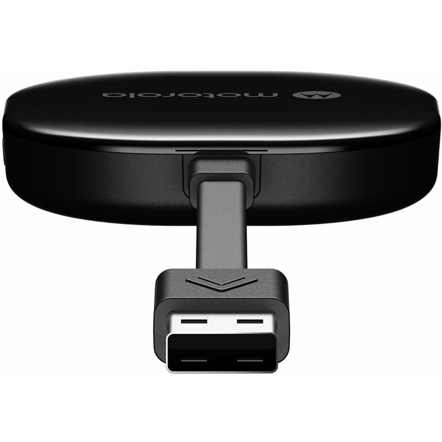 A black Motorola streaming device with a USB cable attached. White background.