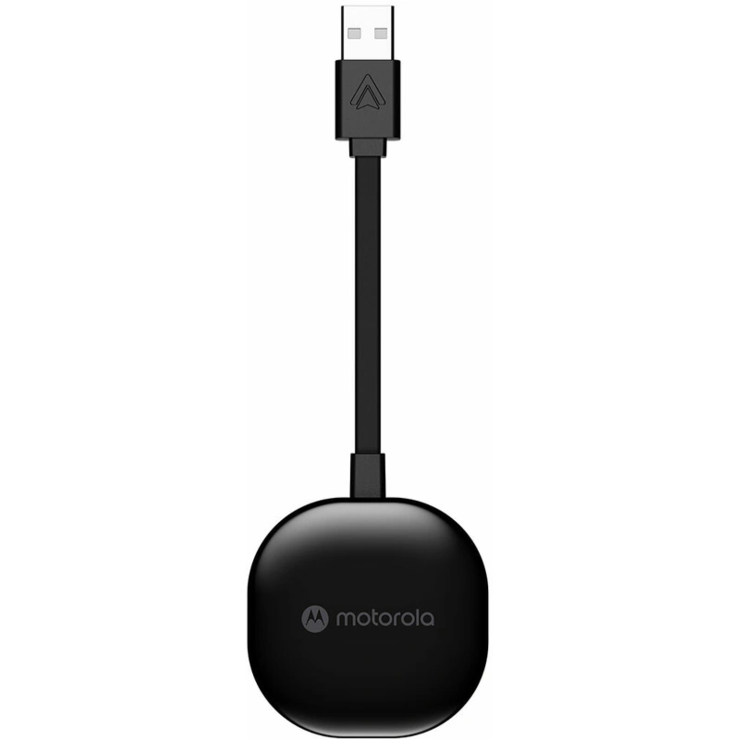 Black Motorola USB-C adapter with a round end and a USB-A connector on a white background.
