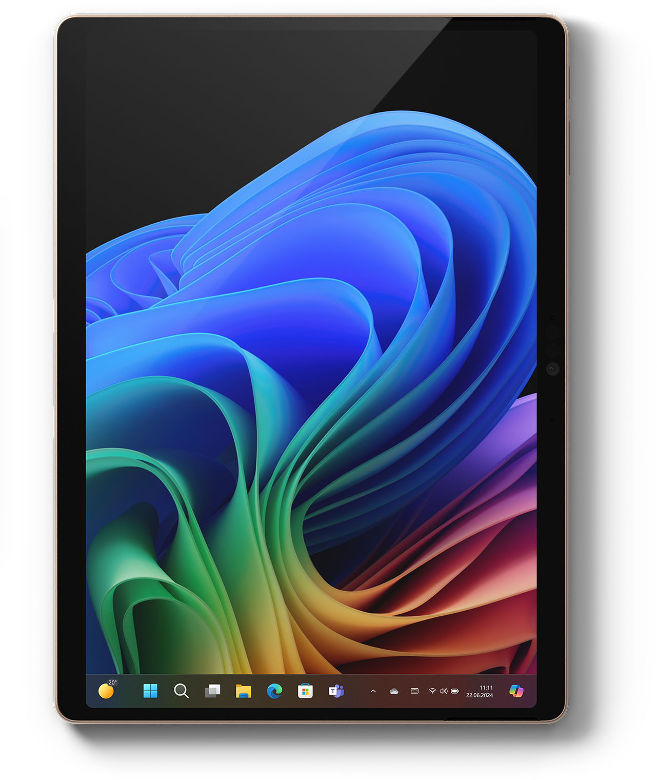 Ein Tablet mit schwarzem Bildschirm, das ein farbenfrohes abstraktes Bild auf schwarzem Hintergrund anzeigt.