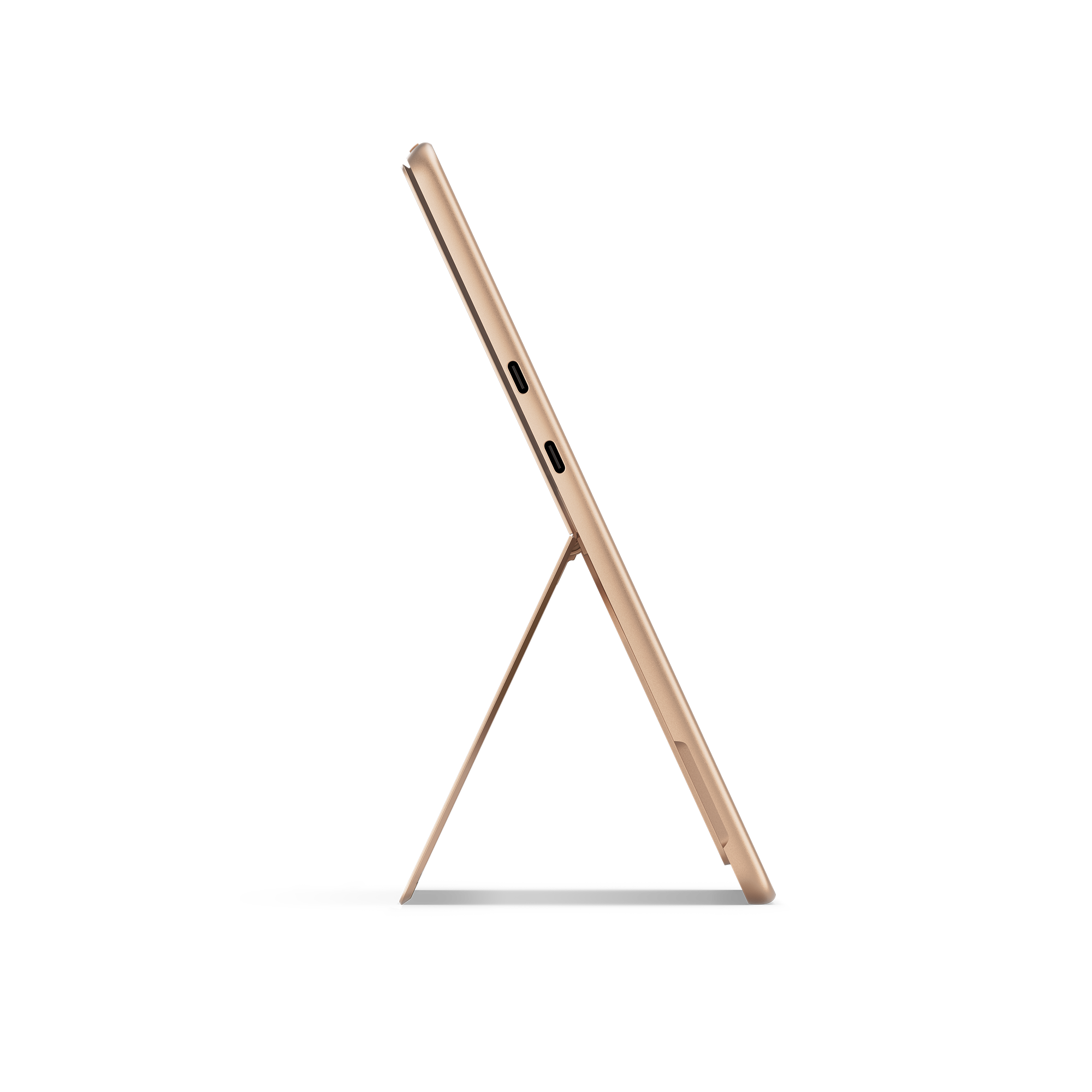 Goldenes Tablet, Seitenansicht. Ständer offen. Schwarzer Hintergrund.