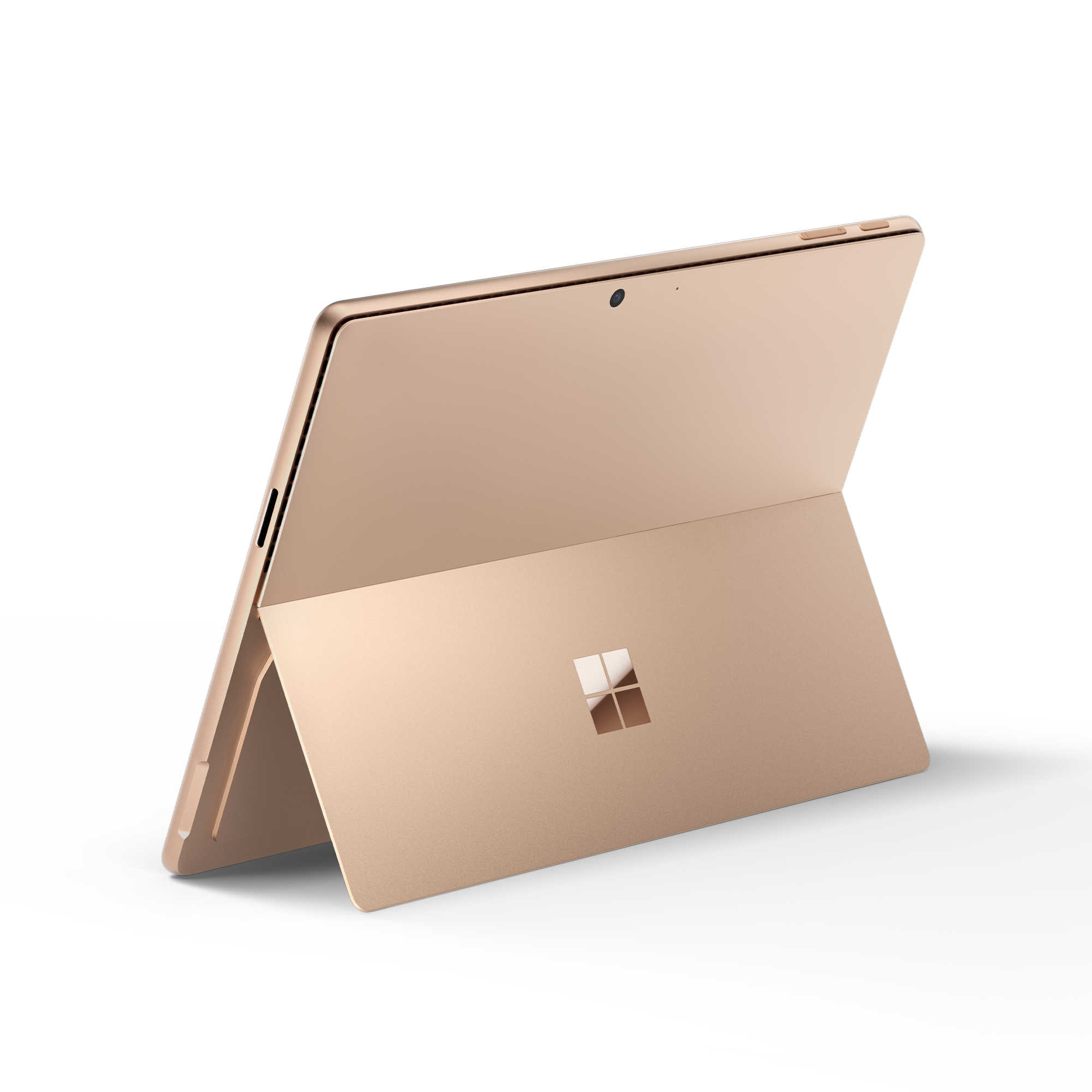 Ein goldenes Tablet mit einem Ständer, der geöffnet ist und das Microsoft-Logo zeigt.