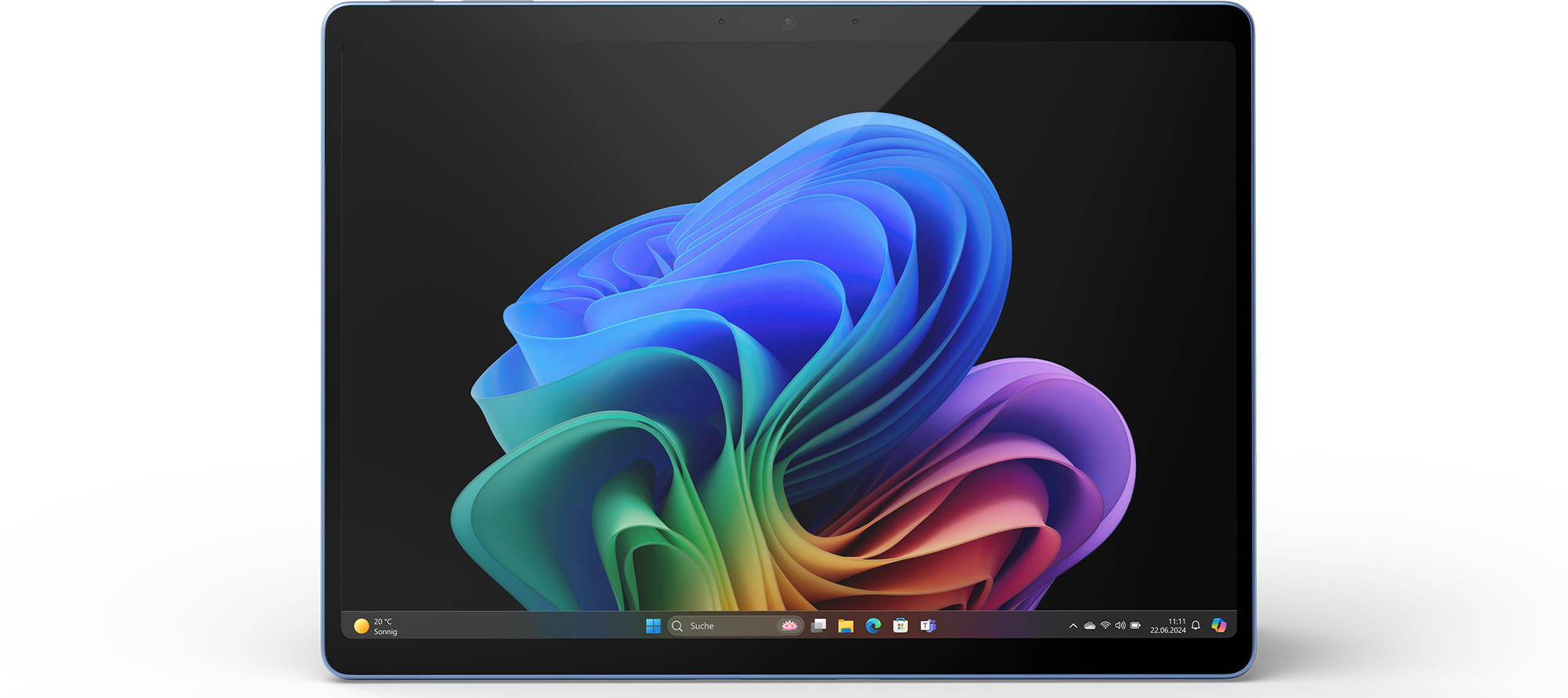 Tablet mit farbenfrohem, abstraktem Hintergrund. Zeigt Windows 11 Oberfläche mit Uhrzeit, Suche.