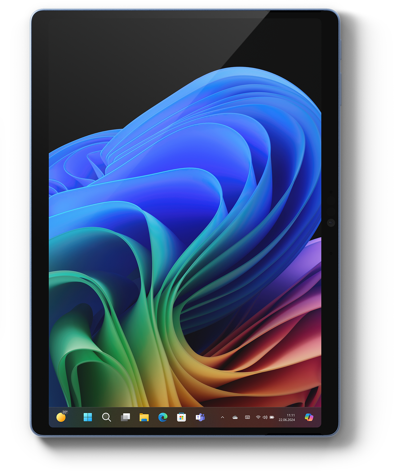 Tablet mit lebendigem, farbenfrohem, abstraktem Hintergrund auf schwarzem Hintergrund.