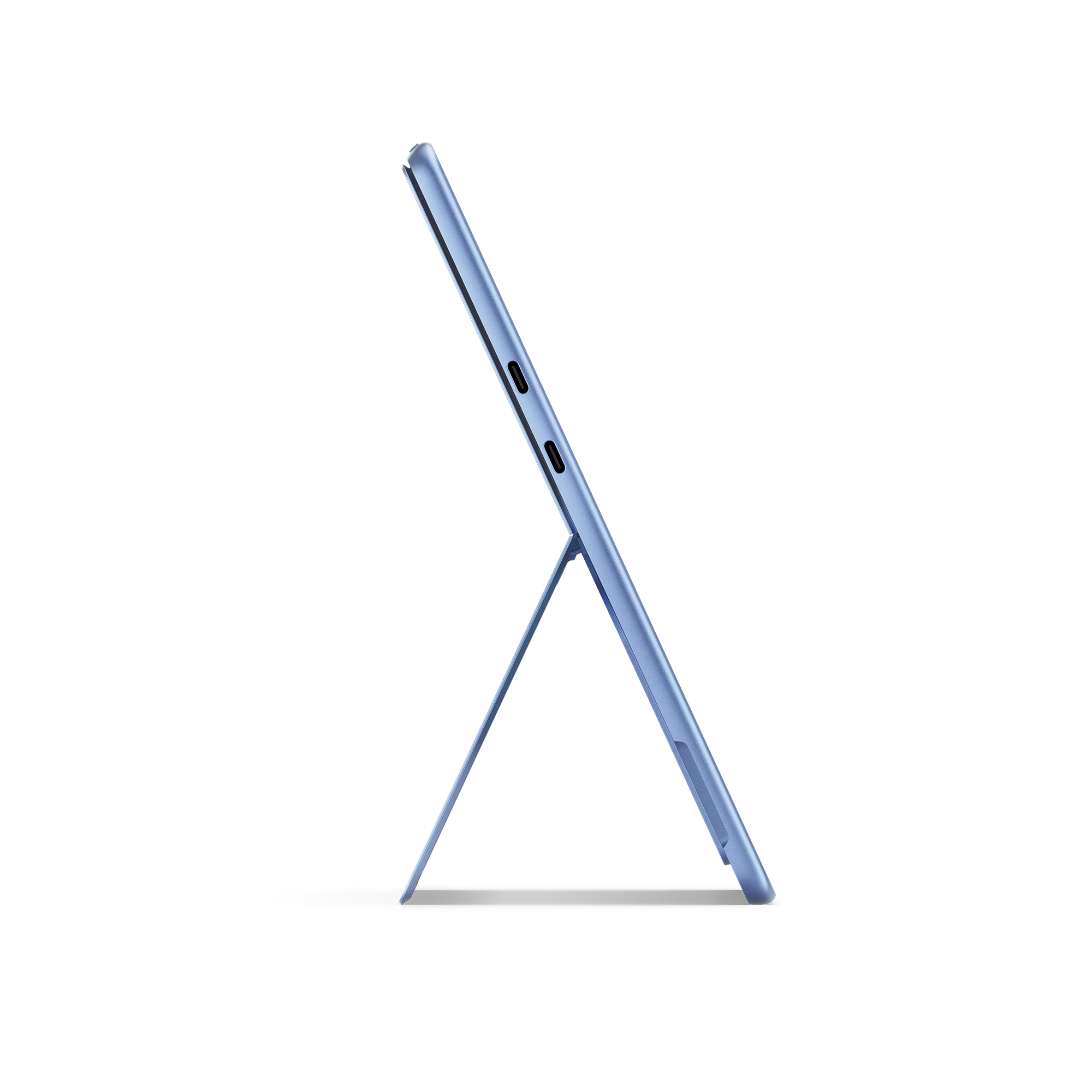 Blaues Tablet mit Ständer auf schwarzem Hintergrund. Das Tablet ist im Profil.