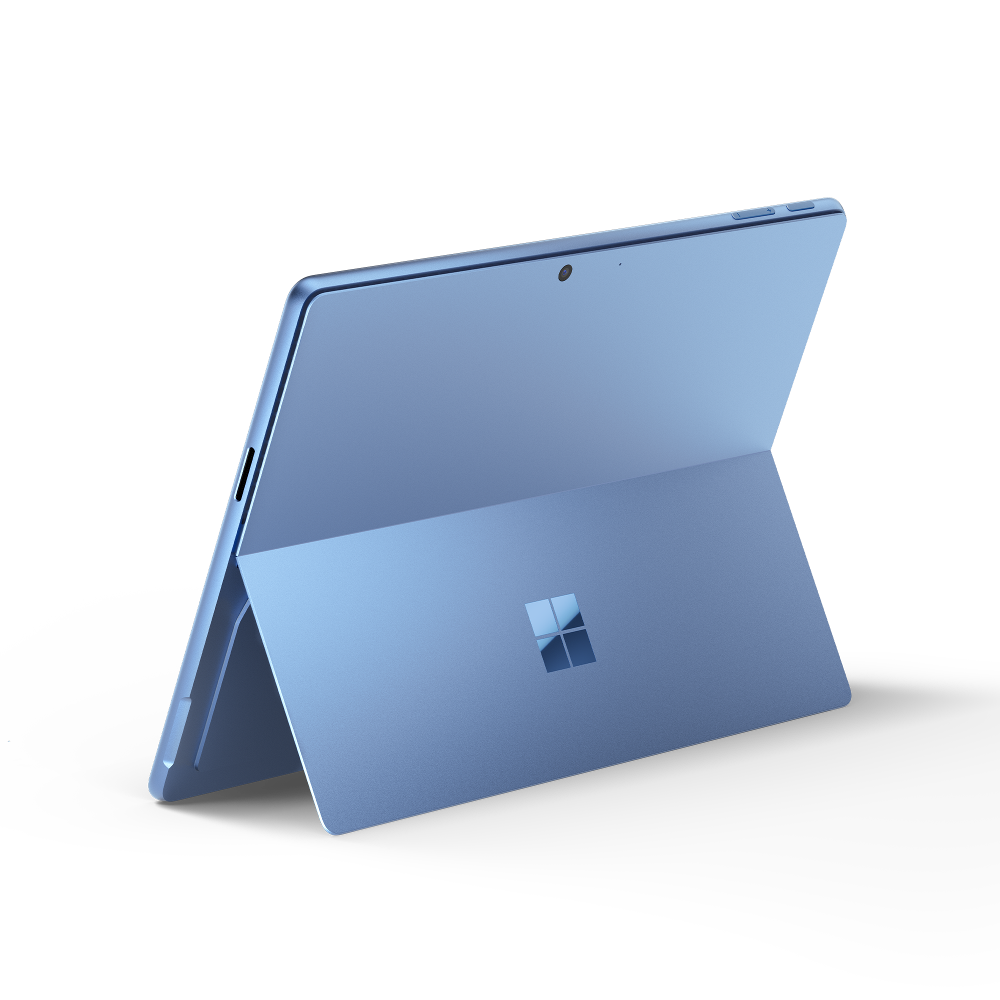 Blaues Tablet mit Ständer, zeigt ein farbenfrohes Display und das Microsoft-Logo.