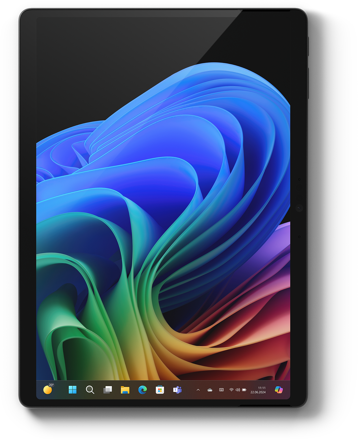 Tablet mit schwarzem Rahmen, zeigt farbenfrohes abstraktes Hintergrundbild auf Schwarz.