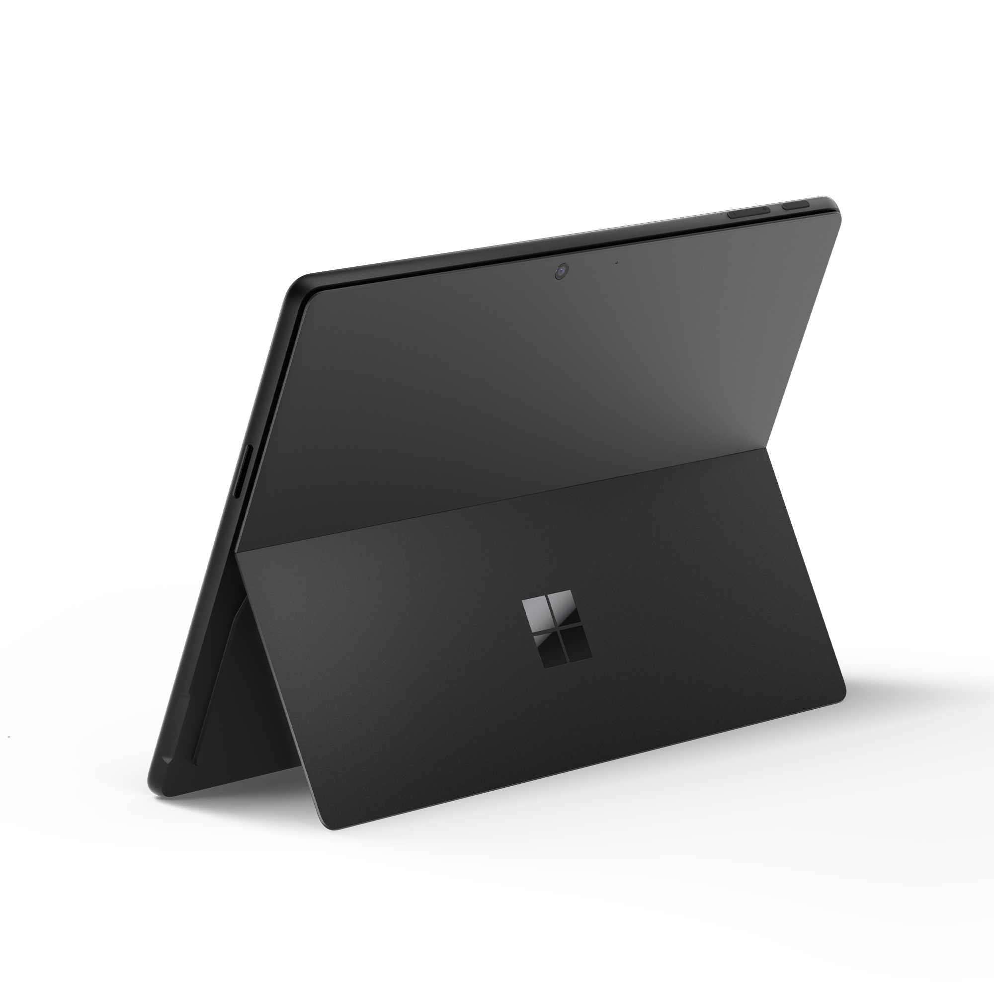Schwarzes Tablet mit Ständer, Microsoft-Logo sichtbar. Schwarzer Hintergrund.
