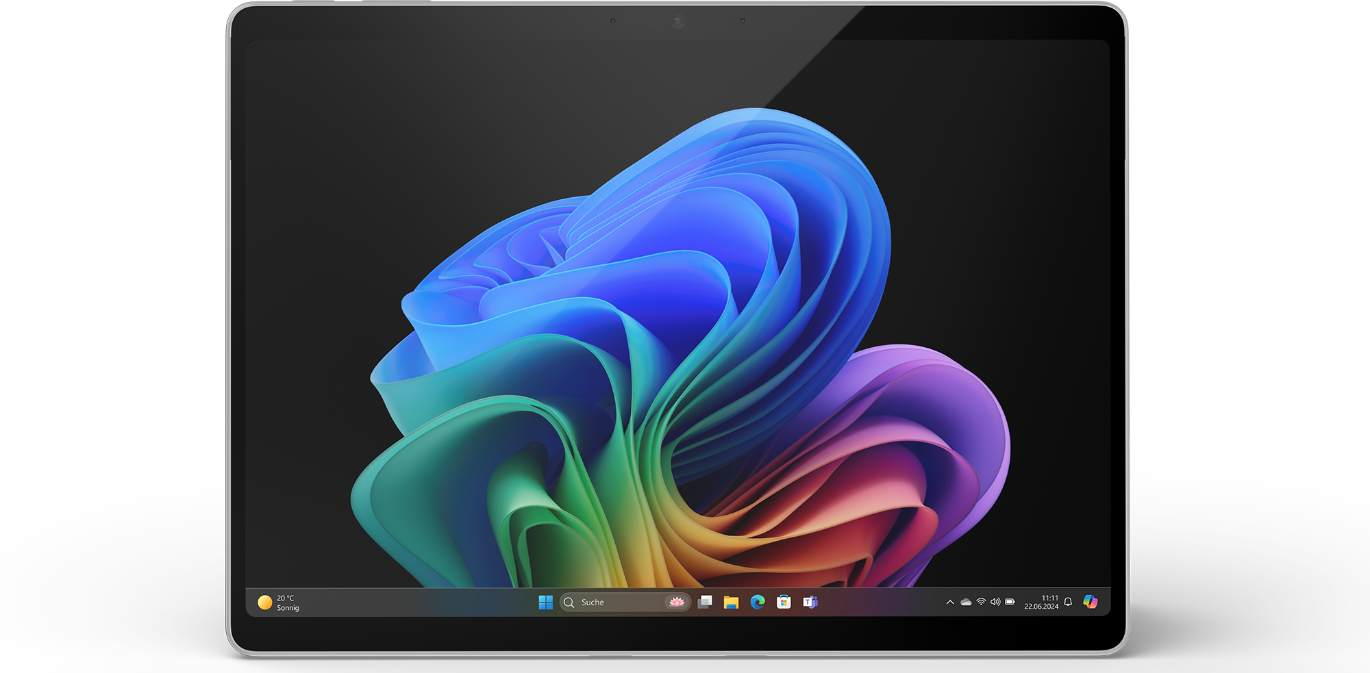Tablet-Bildschirm mit farbenfrohem, abstraktem Design auf schwarzem Hintergrund, mit Windows UI.