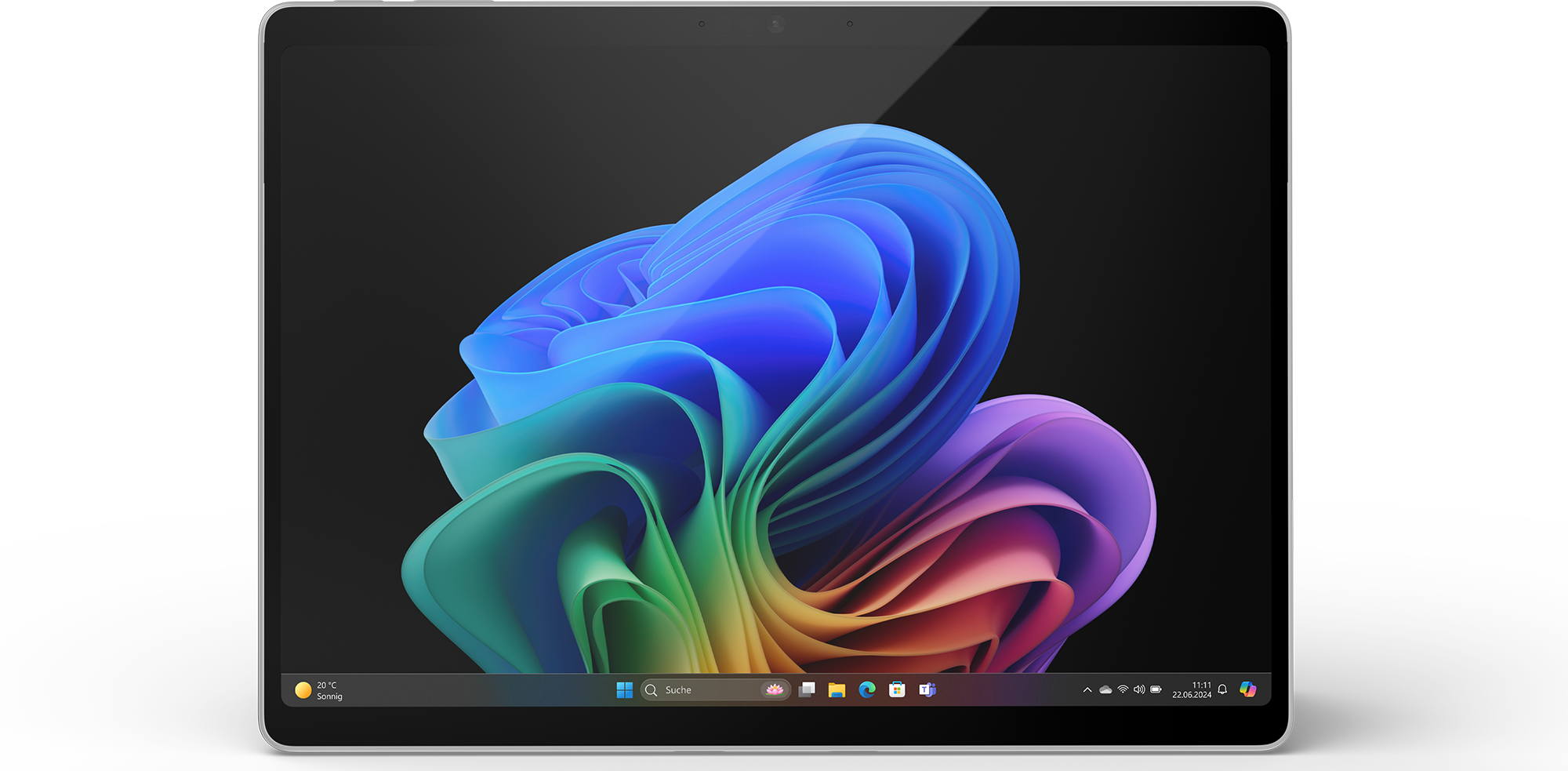 Ein Tablet, das einen farbenfrohen abstrakten Hintergrund zeigt, mit schwarzem Rahmen und Hintergrund.